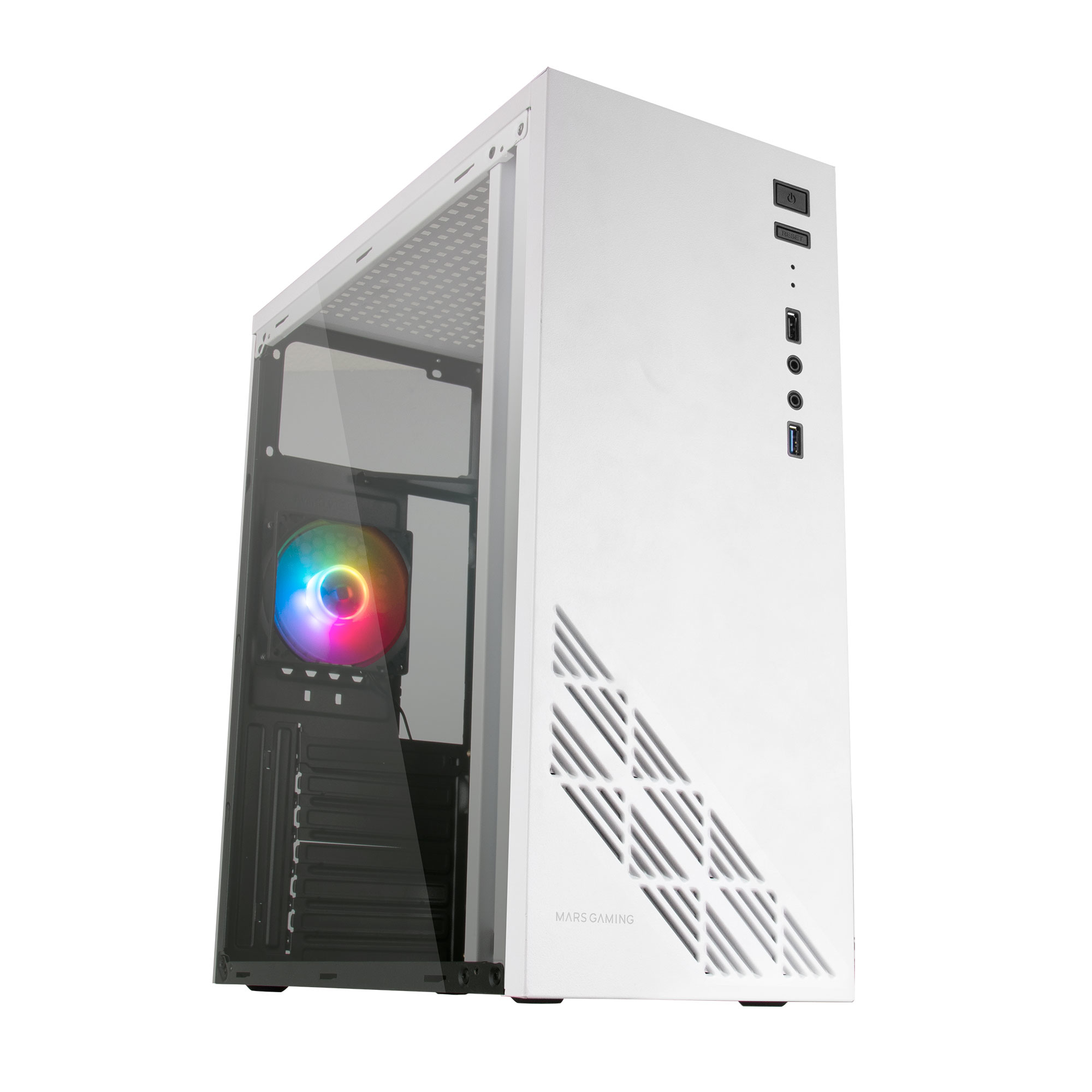 Un case per computer bianco con pannello laterale in vetro. All'interno c'è una ventola colorata. La parte anteriore ha porte e un pulsante di accensione.