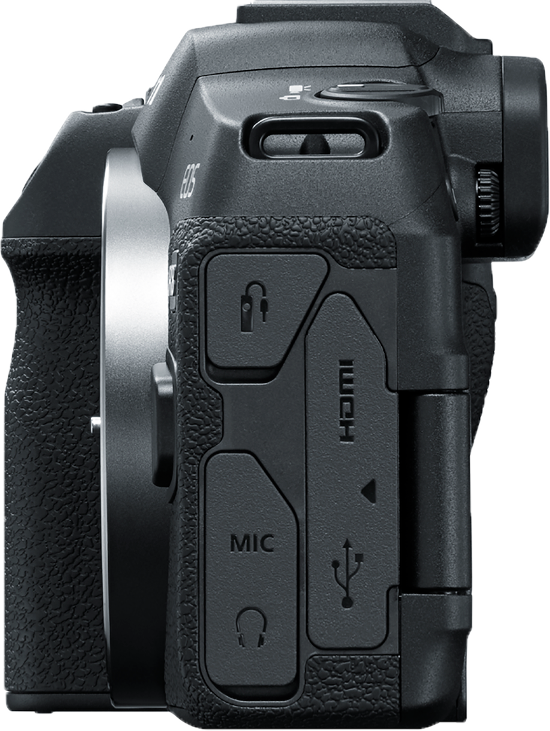 A close-up of a black camera body. Buttons labeled MIC, HDMI, and a USB port are visible. The EOS logo is present.