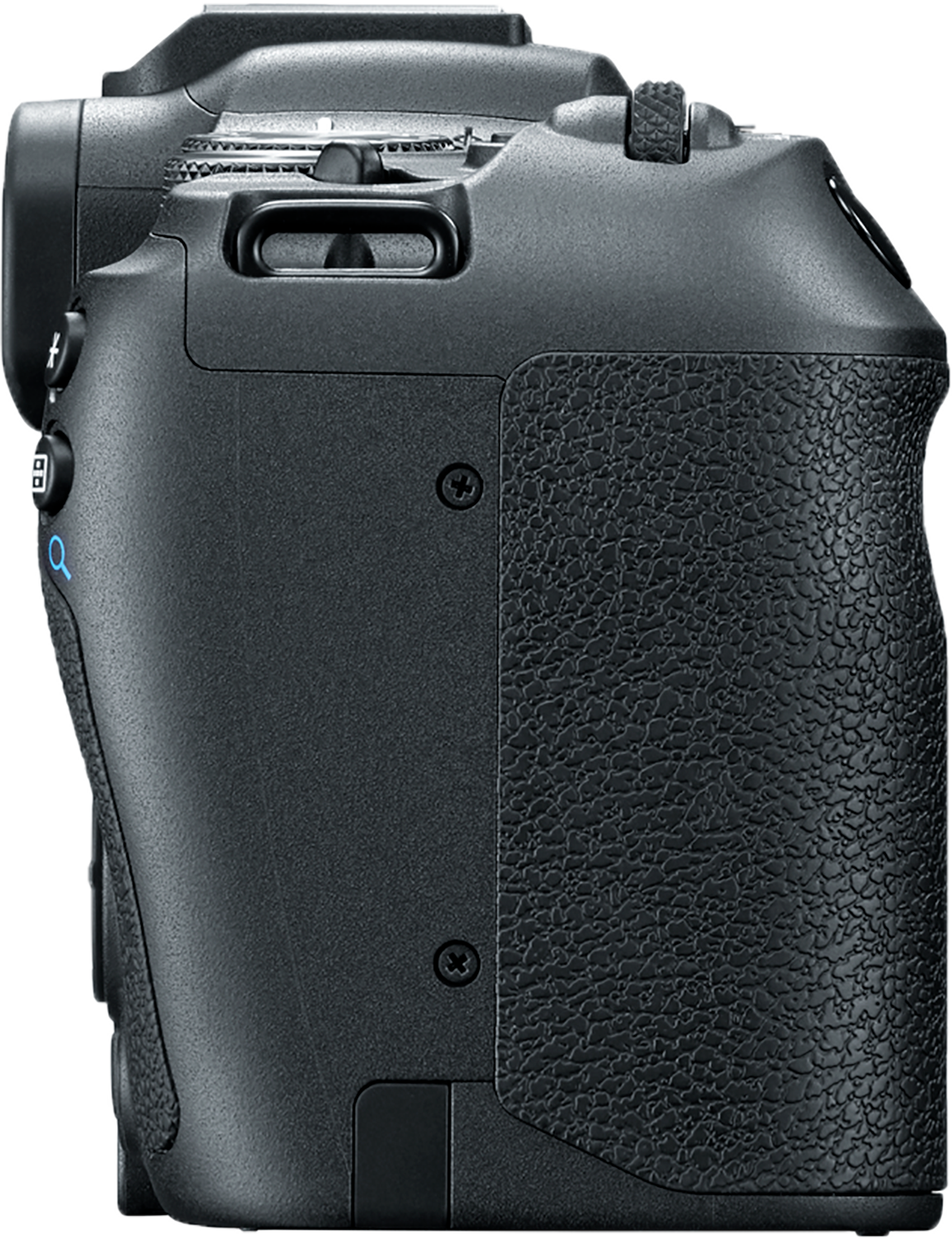 Side view of a black camera with textured grip. Buttons and dials are visible. The camera is set against a white background.
