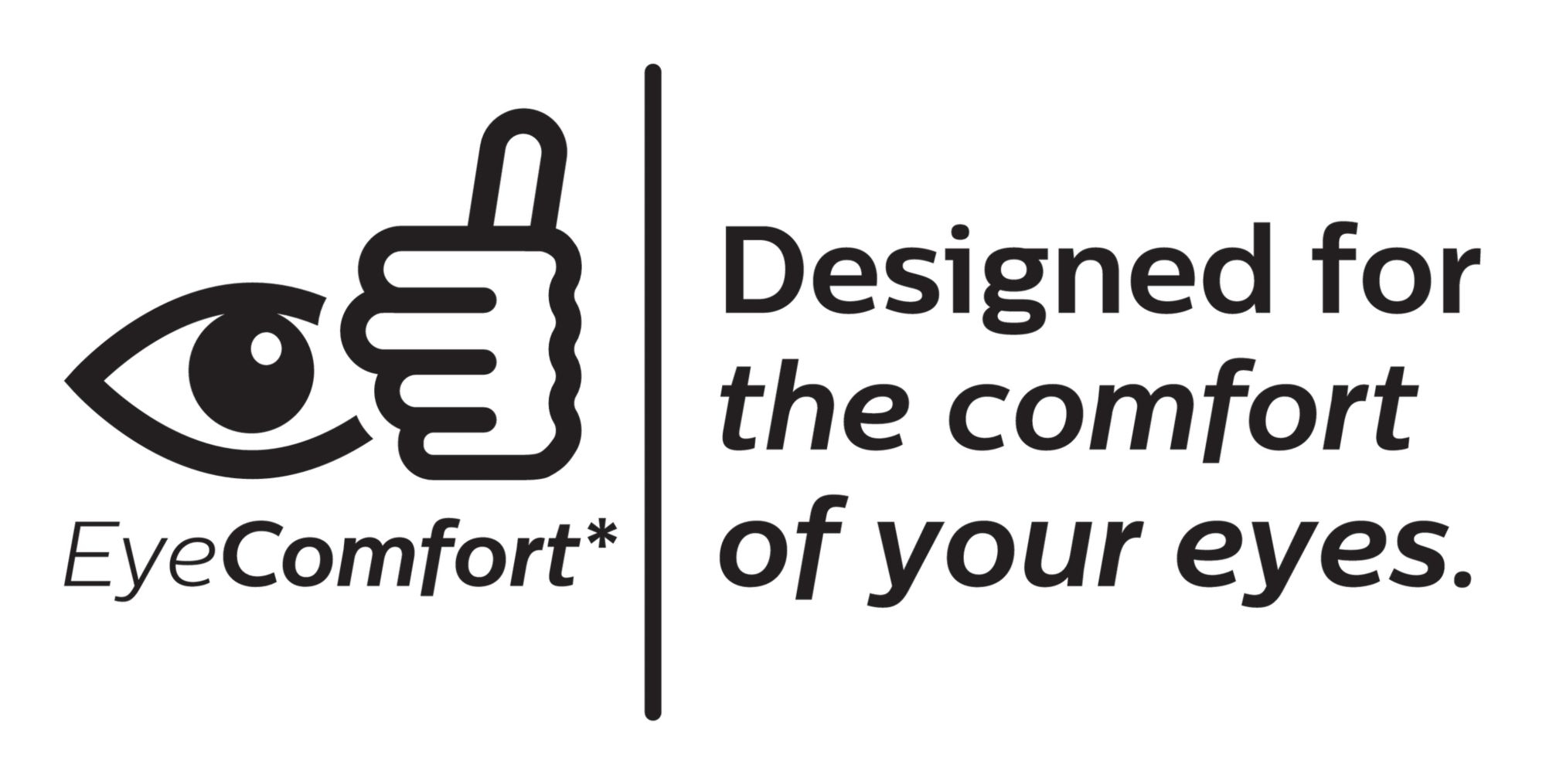 Logo: Oko z kciukiem w górę. Tekst: Zaprojektowane dla wygody Twoich oczu. Nazwa marki: EyeComfort.