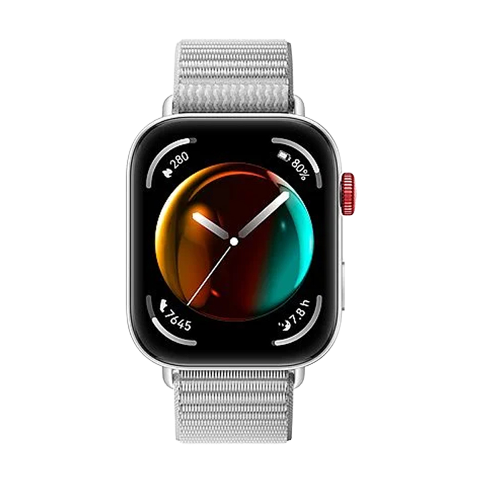 Smartwatch ze srebrną kopertą, srebrnym paskiem i czarnym ekranem pokazującym czas, baterię i kroki.