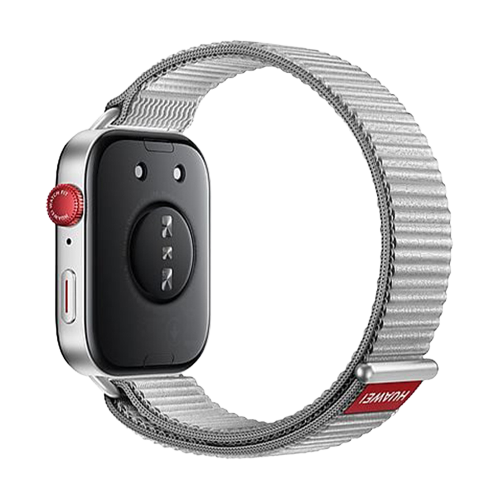 Srebrny smartwatch z szarym paskiem. Tarcza jest czarna z dwoma kołami i czerwonym przyciskiem. Pasek ma czerwoną etykietę.