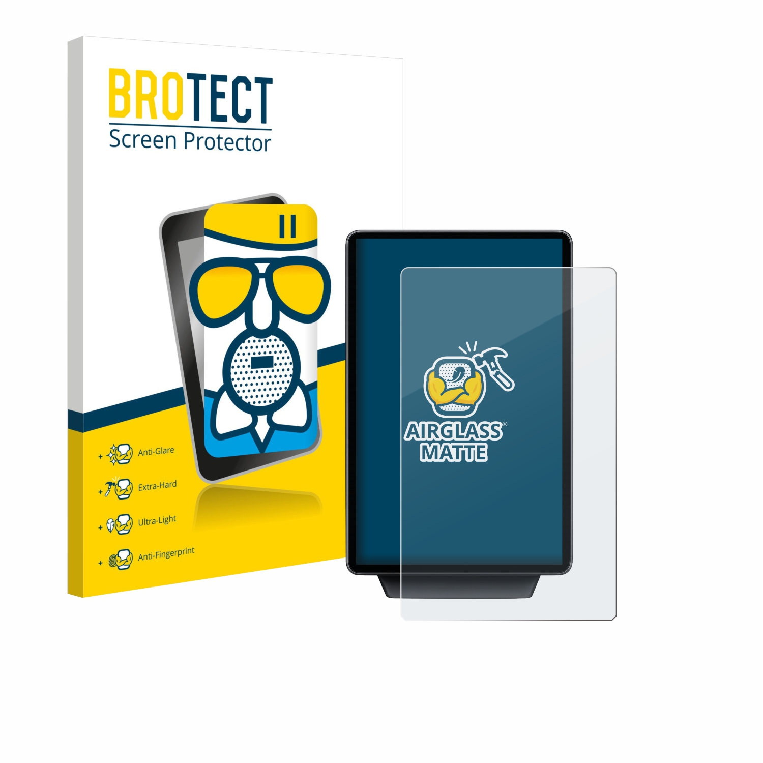 Ein Displayschutz-Set. Die Box zeigt eine Cartoonfigur mit Brille. Ein Tablet und ein klarer Displayschutz sind abgebildet.