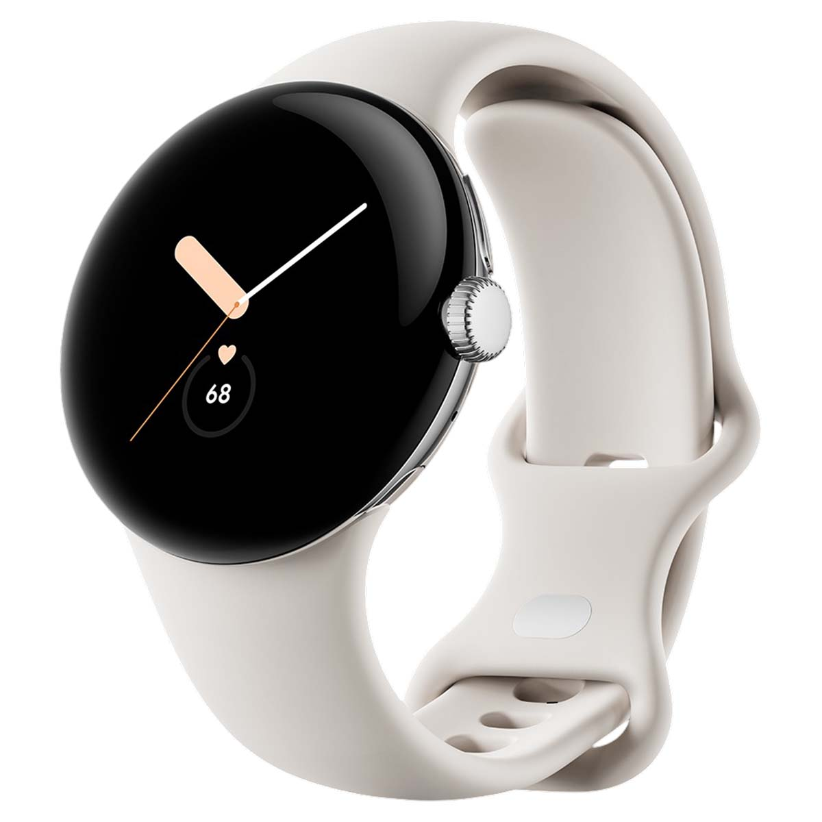 Un reloj inteligente con pantalla negra que muestra la hora y la frecuencia cardíaca. Tiene una correa color crema. El reloj está sobre un fondo blanco.