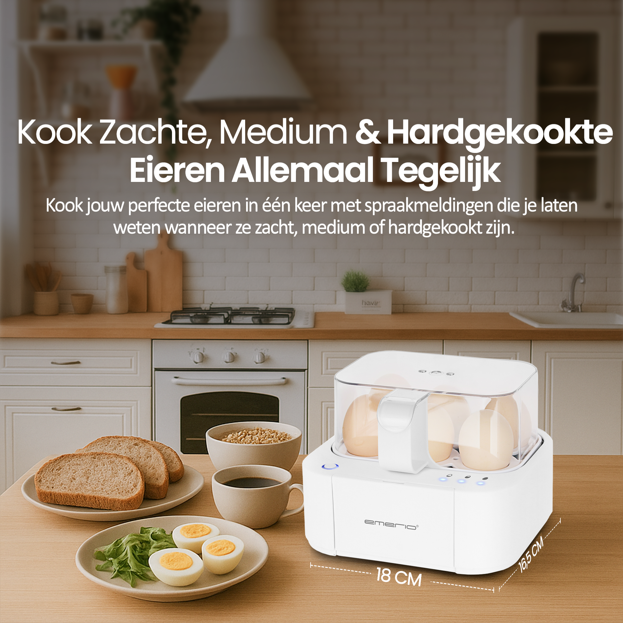 Ein Eierkocher mit Eiern, Brot und Kaffee auf einem Tisch. Text: Kochen Sie weiche, mittlere und hartgekochte Eier gleichzeitig.