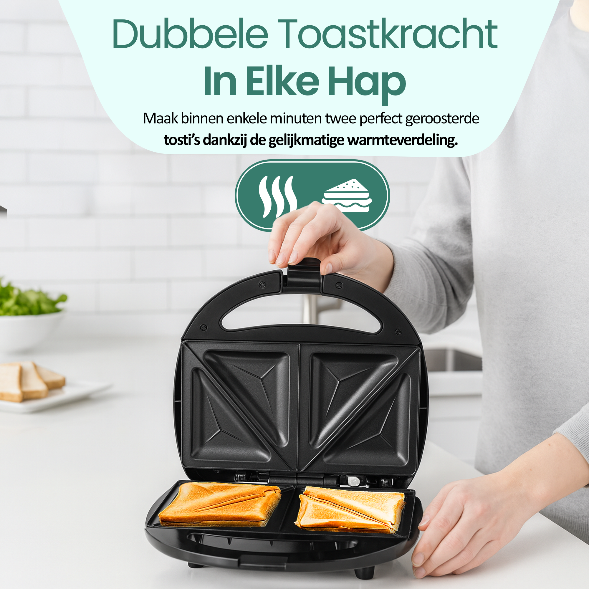 A person using a black sandwich maker, with two toasted sandwiches inside. Text above advertises double toast power.