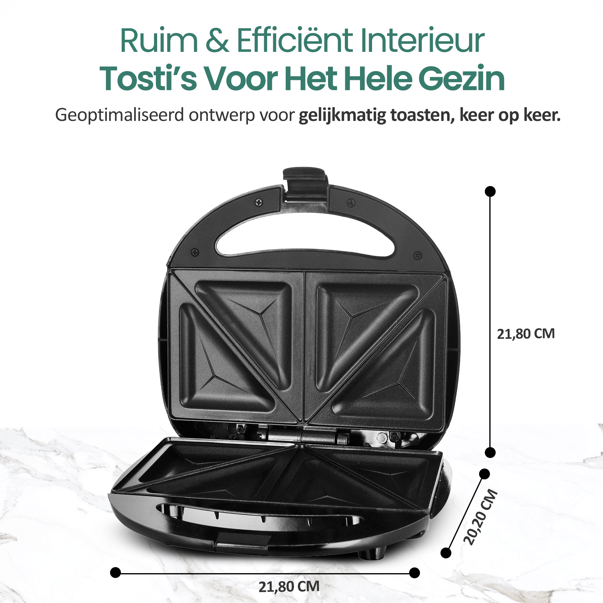 A black sandwich maker is open, showing the cooking plates. Dimensions are noted. Text in Dutch is at the top.