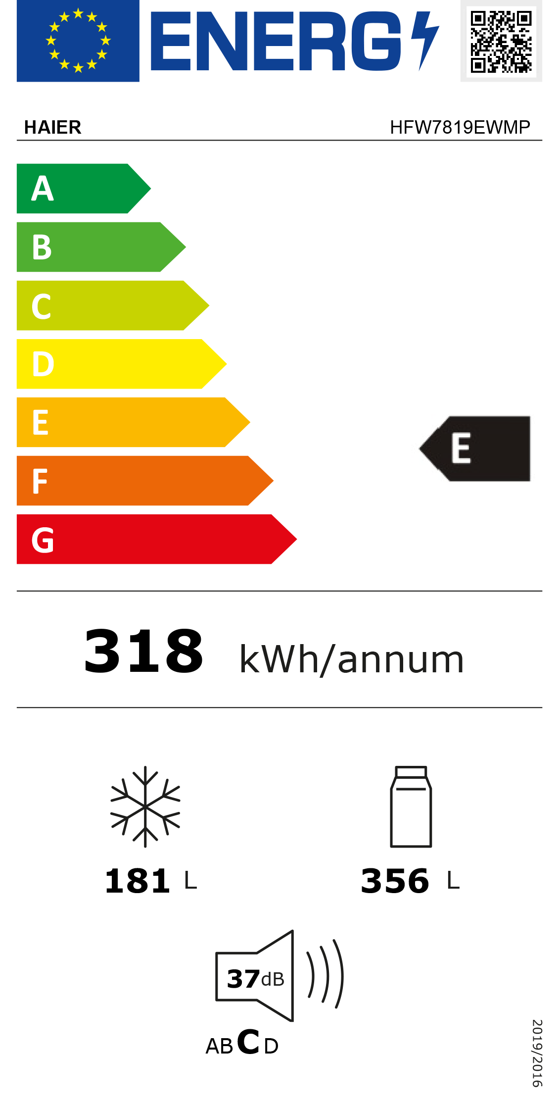 Etiqueta energética para un refrigerador Haier. Muestra la clasificación de eficiencia energética, capacidad en litros y nivel de ruido en decibelios.