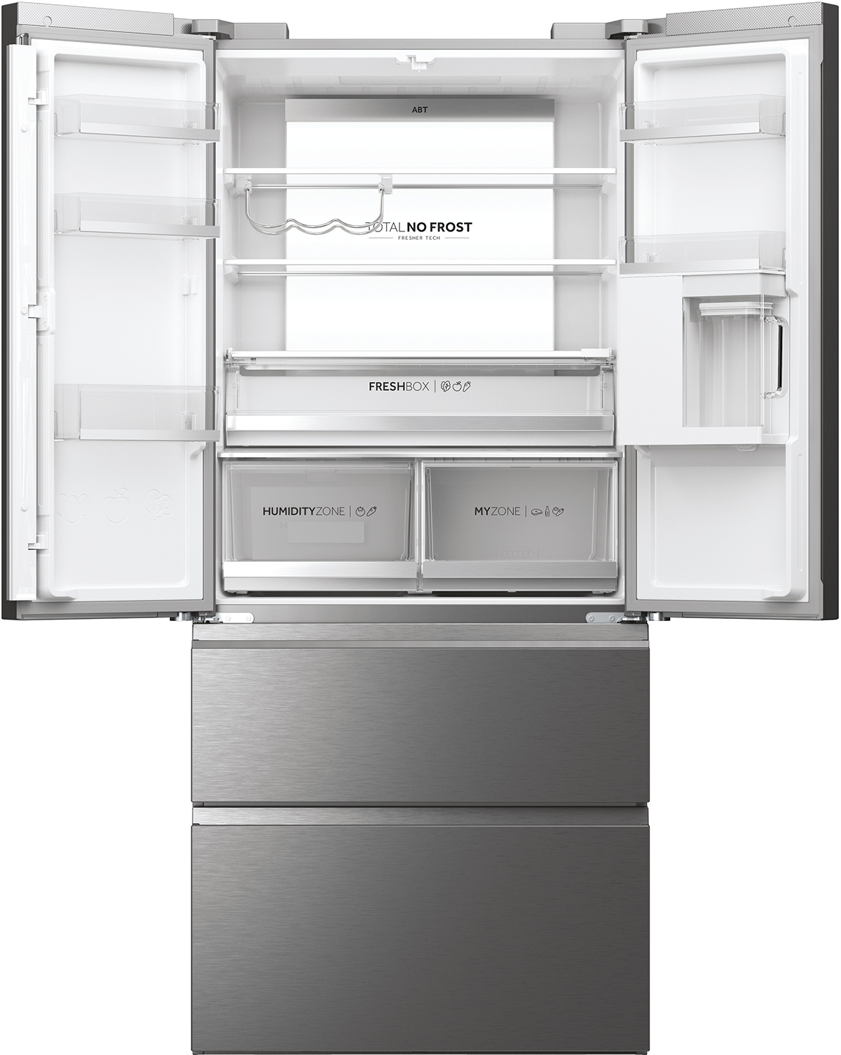 Refrigerador abierto con dos puertas y dos cajones. Estantes, cajones y etiquetas visibles en el interior. Acabado en acero inoxidable.