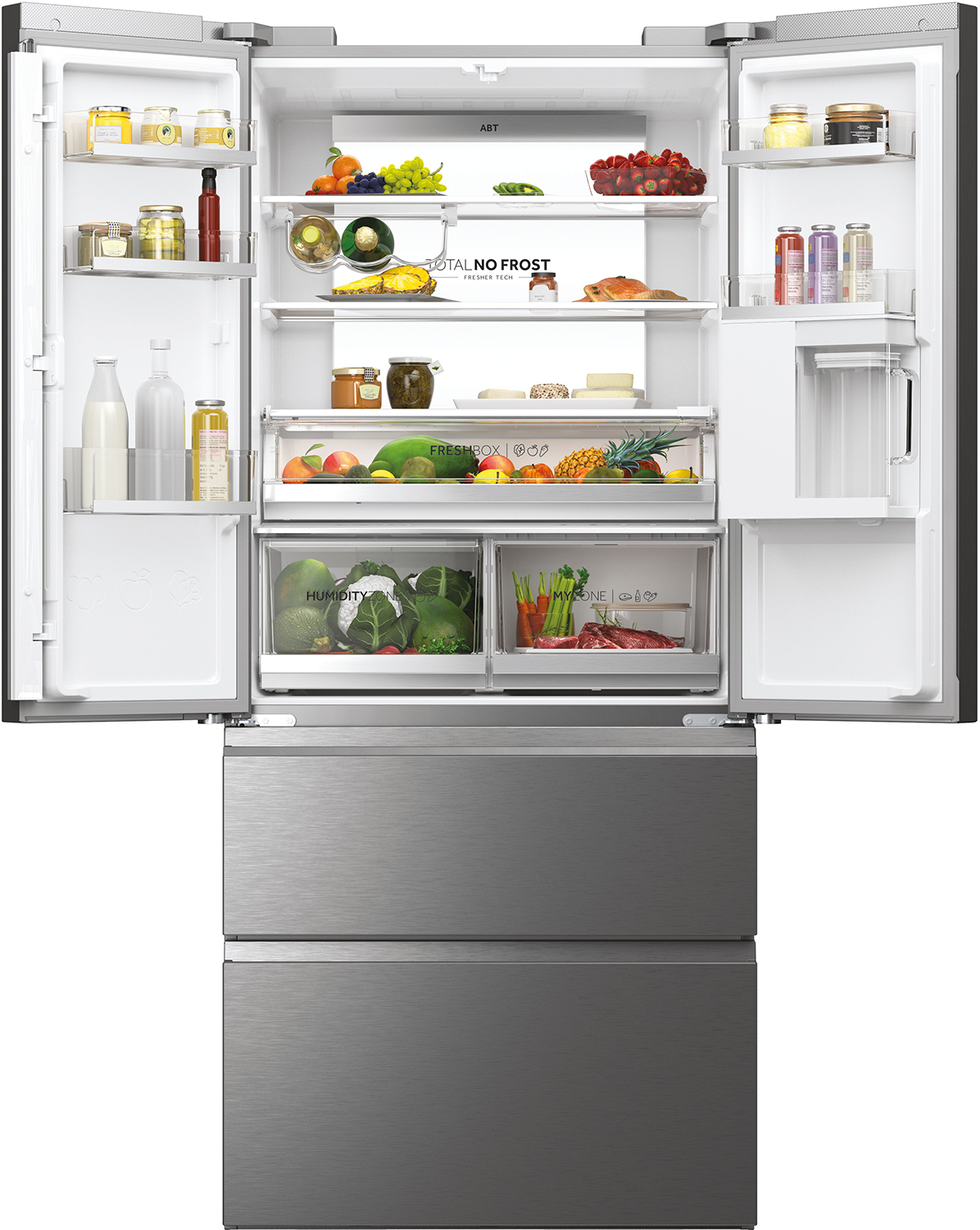 Un refrigerador moderno con puertas abiertas, lleno de frutas, verduras y alimentos envasados. Cajones en la parte inferior. Exterior plateado.