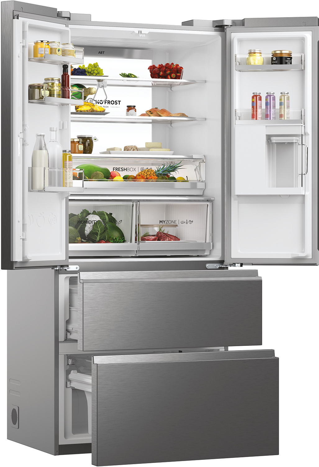 Refrigerador abierto con varios alimentos: frutas, verduras y productos envasados. Cajones abajo. Acabado de acero inoxidable.