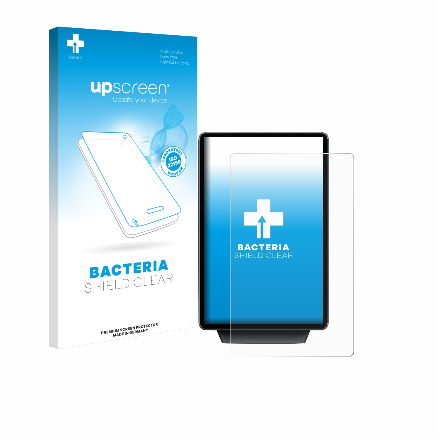 Ein Displayschutz und ein Telefon mit blauem Bildschirm. Auf der Schutzbox steht 'Bacteria Shield Clear'. Der Bildschirm zeigt ein Pluszeichen.