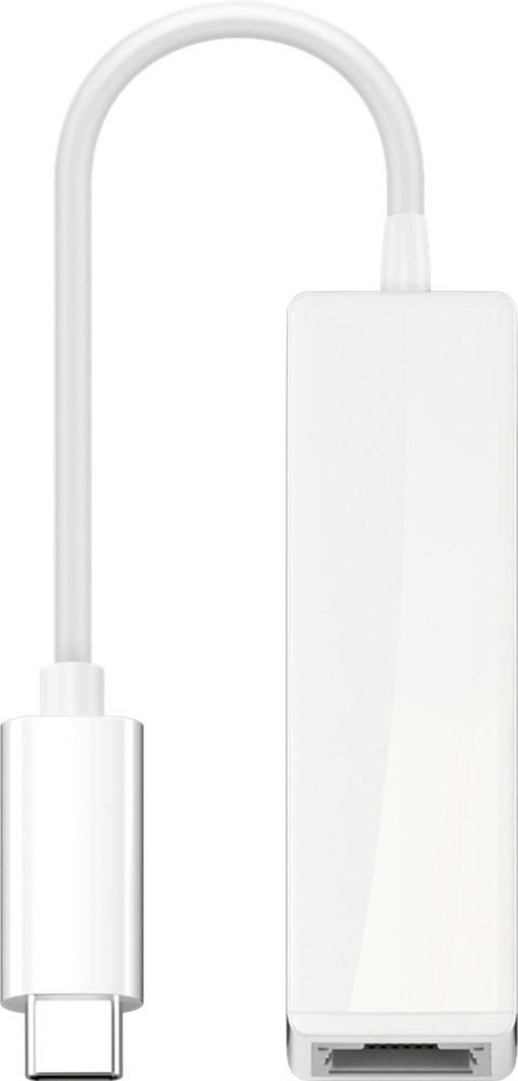Ein weißer USB-C-zu-Ethernet-Adapter. Er hat ein weißes Kabel, das sich über dem Gerät krümmt. Der Adapter hat eine rechteckige Form.