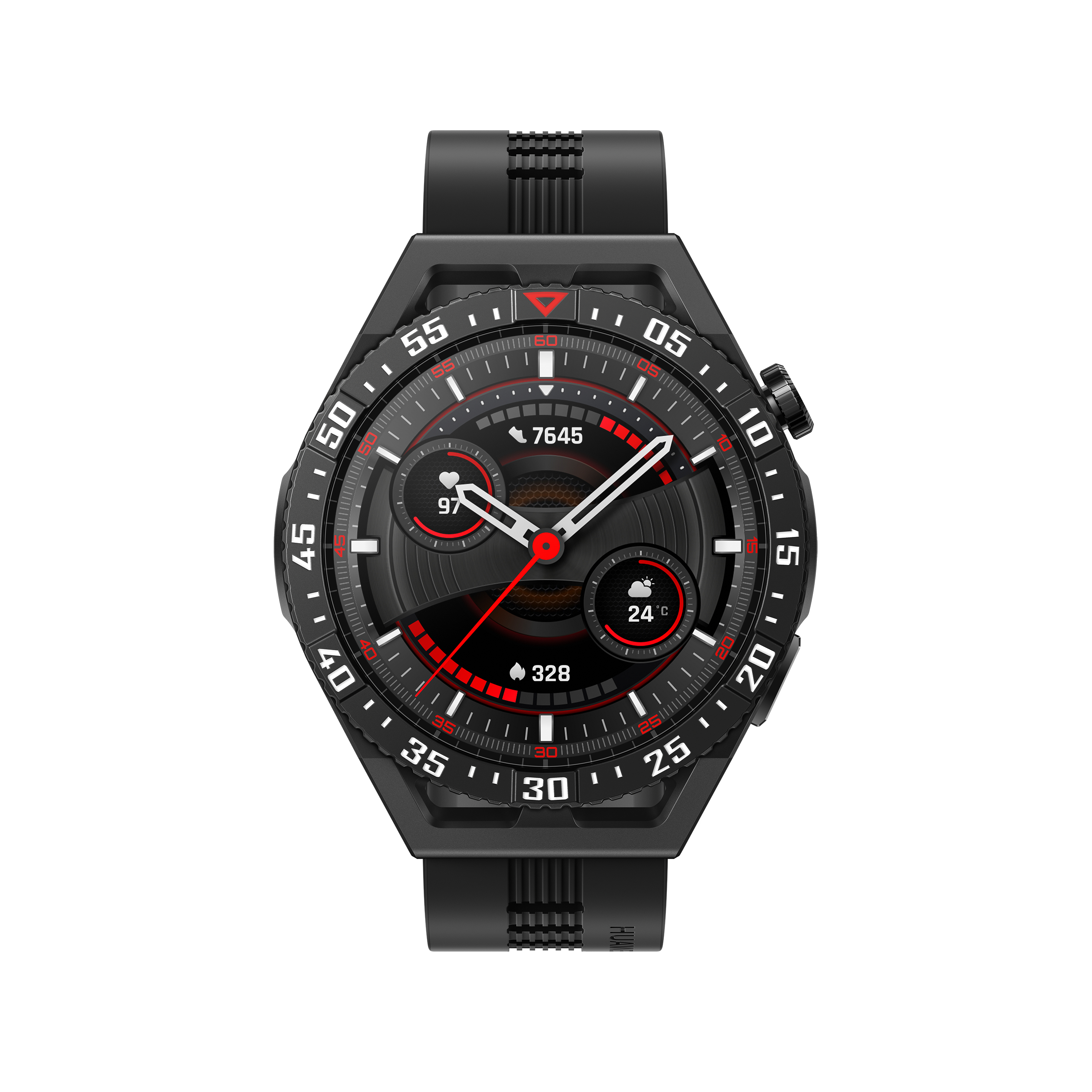 Un reloj inteligente negro con esfera redonda, que muestra la hora, frecuencia cardíaca y otras métricas. Acabados rojos.