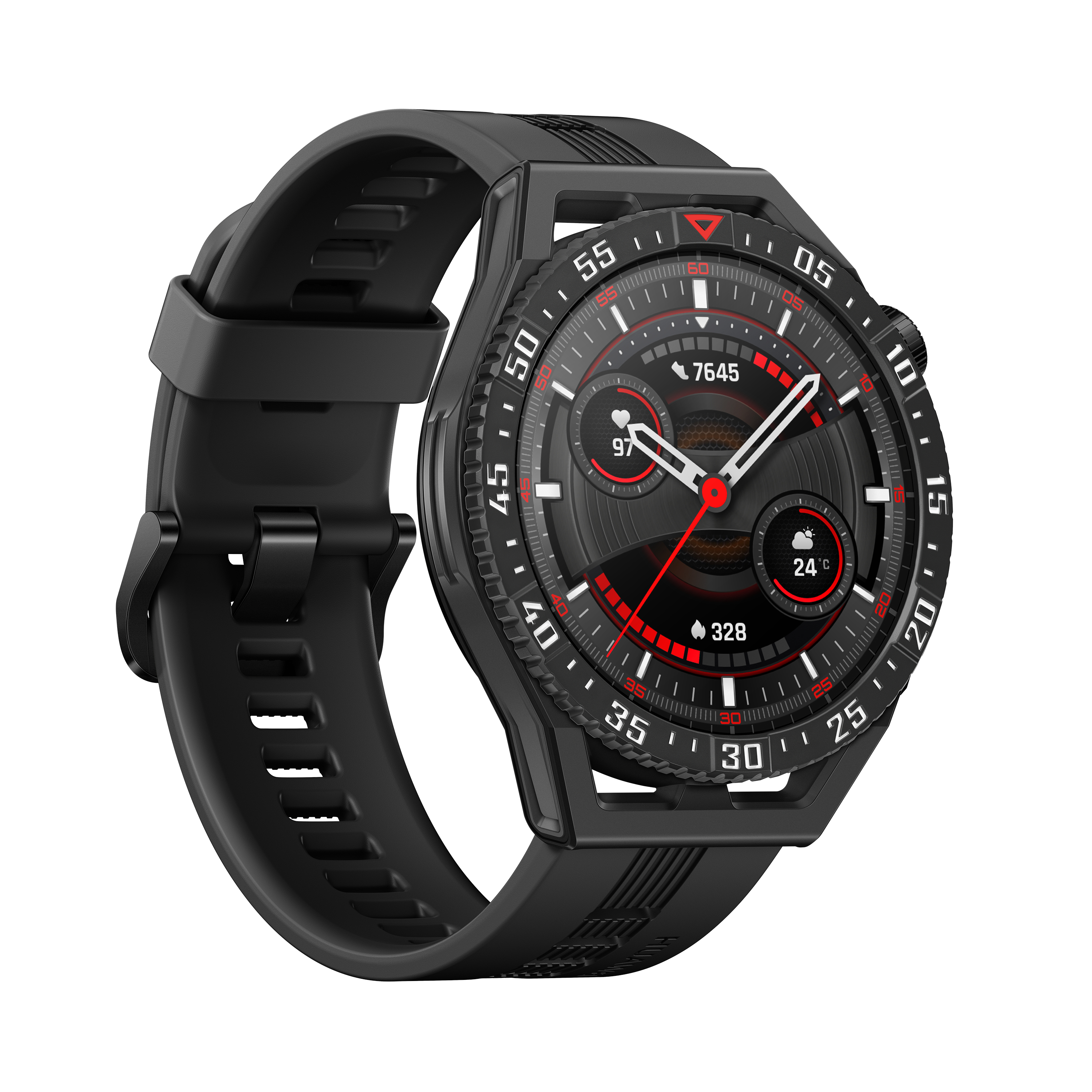 Un reloj inteligente negro con una esfera circular que muestra la hora, la frecuencia cardíaca y el clima. Tiene una correa negra y fondo blanco.