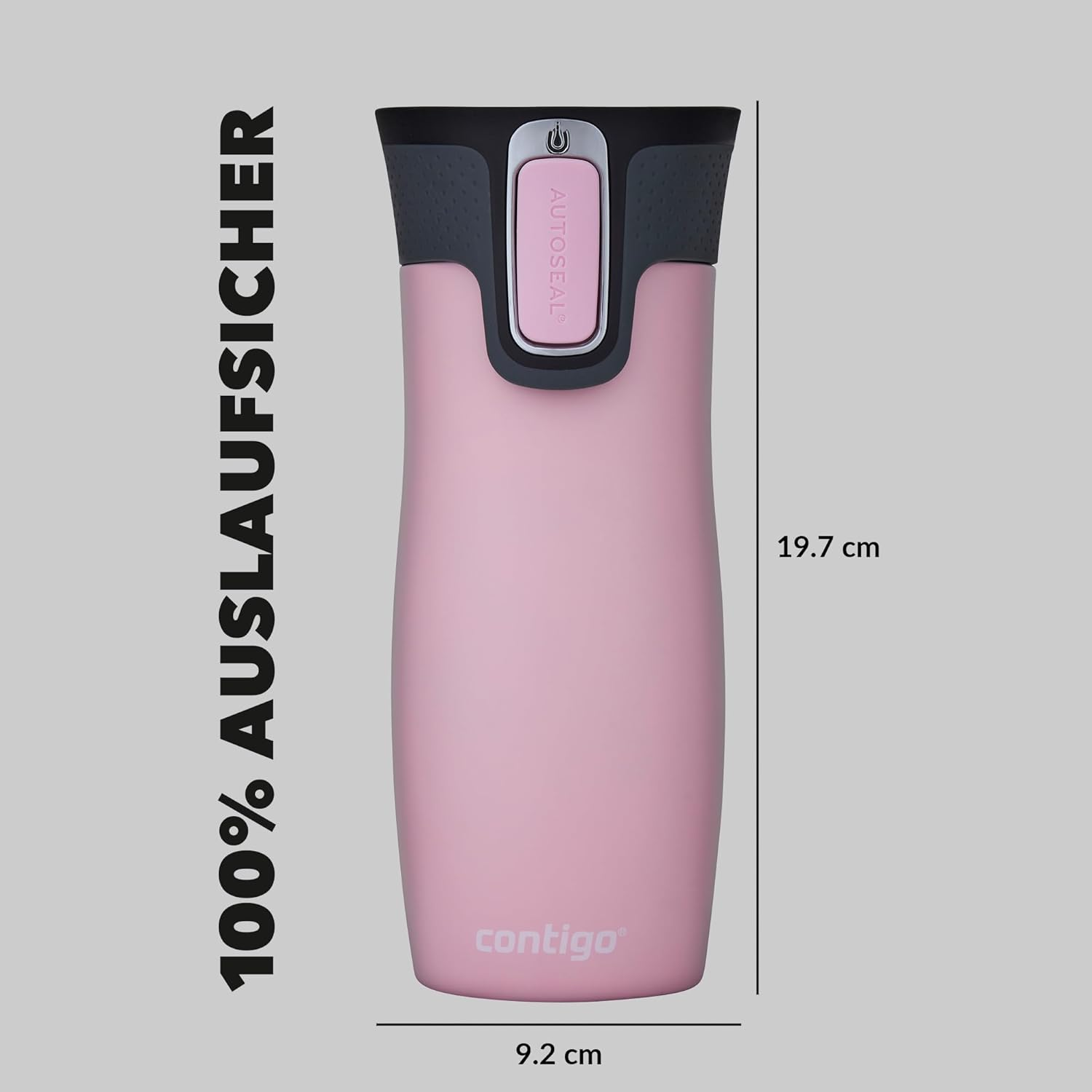 Un termo Contigo rosa con tapa negra y detalles grises. Dimensiones: 19,7 cm alto, 9,2 cm ancho. Texto: 100% AUSLAUFSICHER.