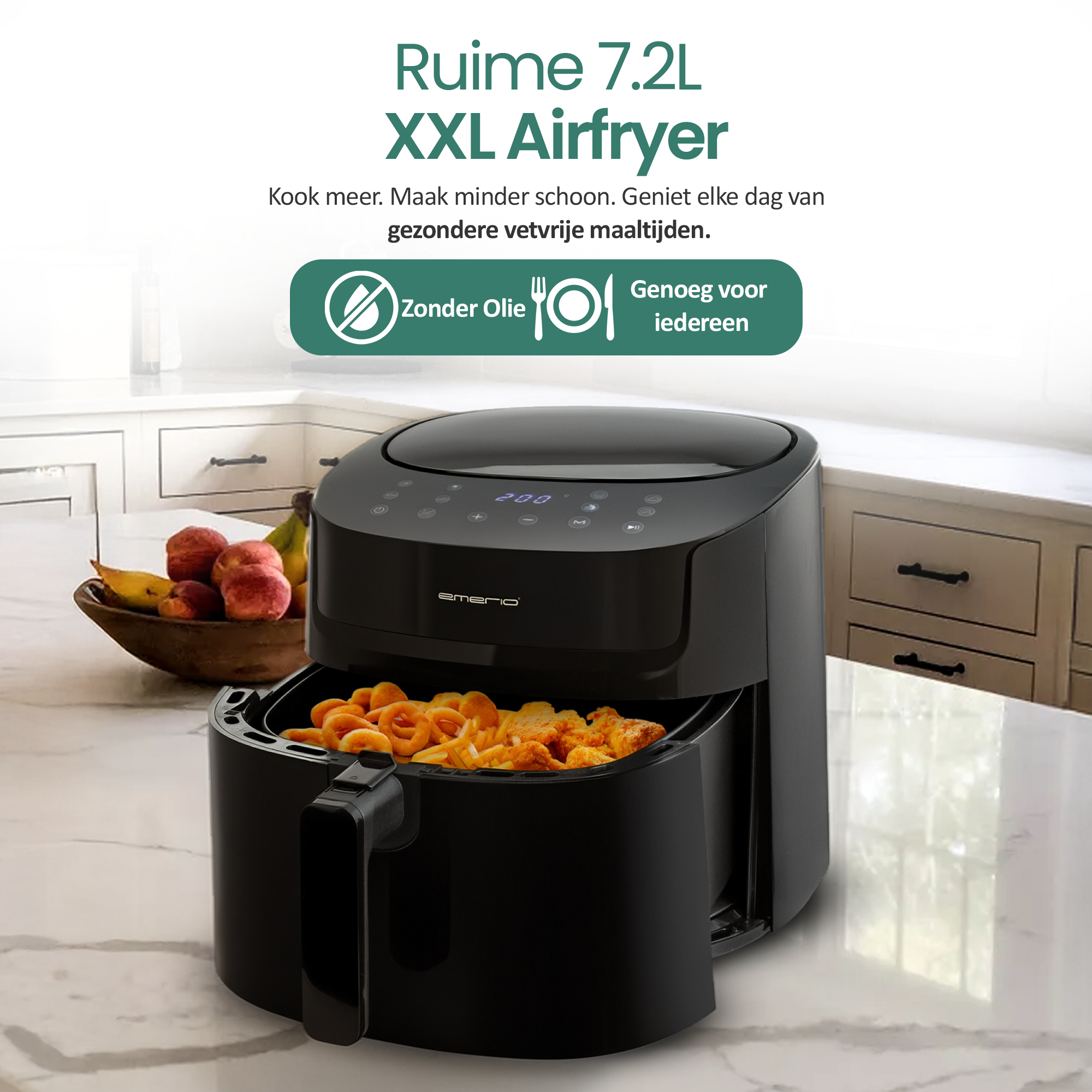 Czarna frytkownica powietrzna z jedzeniem w środku na marmurowym blacie. Tekst u góry: Ruime 7.2L XXL Airfryer.