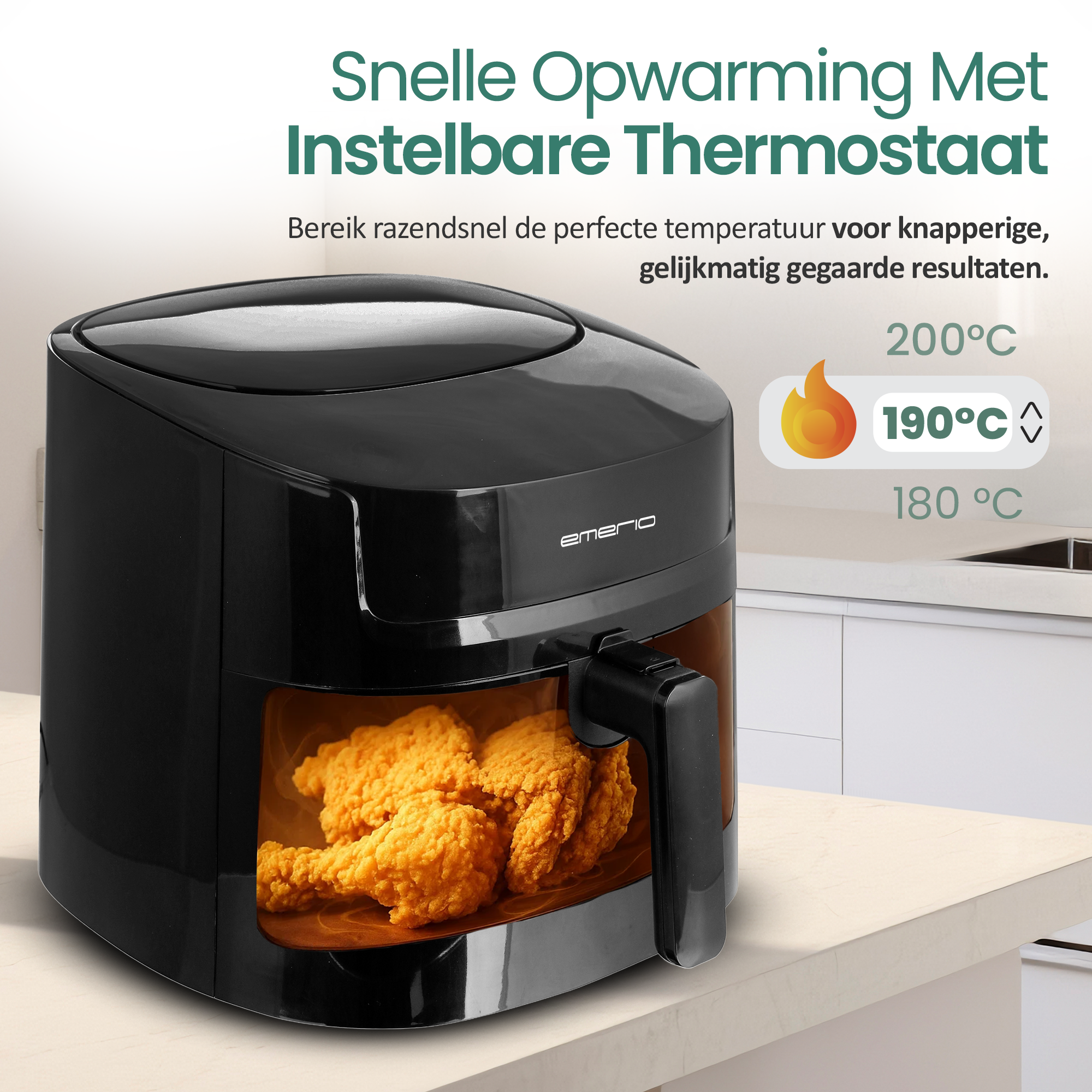 Czarna frytownica powietrzna z kurczakiem w środku. Tekst powyżej brzmi: 'Szybkie nagrzewanie z regulowanym termostatem'.