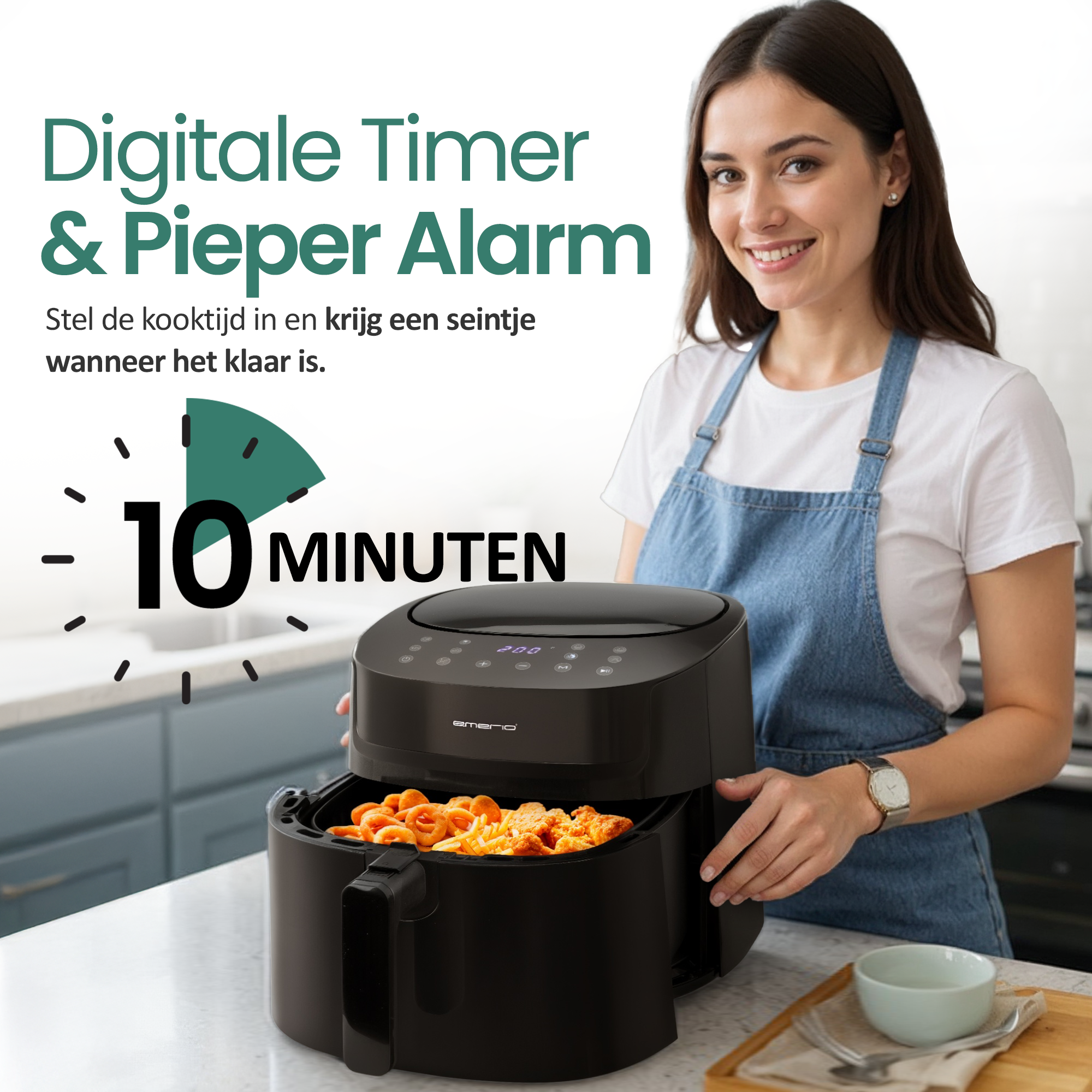 Kobieta uśmiecha się, trzymając czarną frytownicę powietrzną z jedzeniem w środku. Tekst mówi 'Digital Timer & Pieper Alarm' i '10 MINUTEN'.