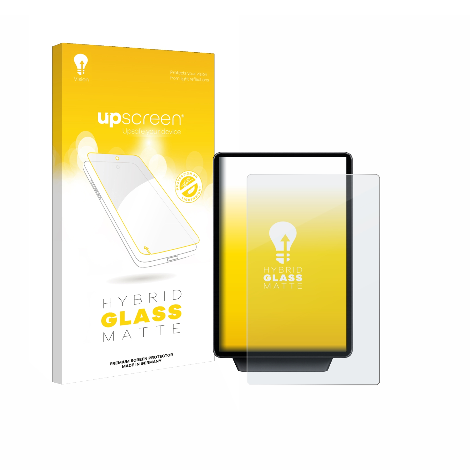 Eine Displayschutzbox und ein Tablet mit Schutzfolie. Die Box hat das upscreen-Logo, und das Tablet zeigt das Produkt.