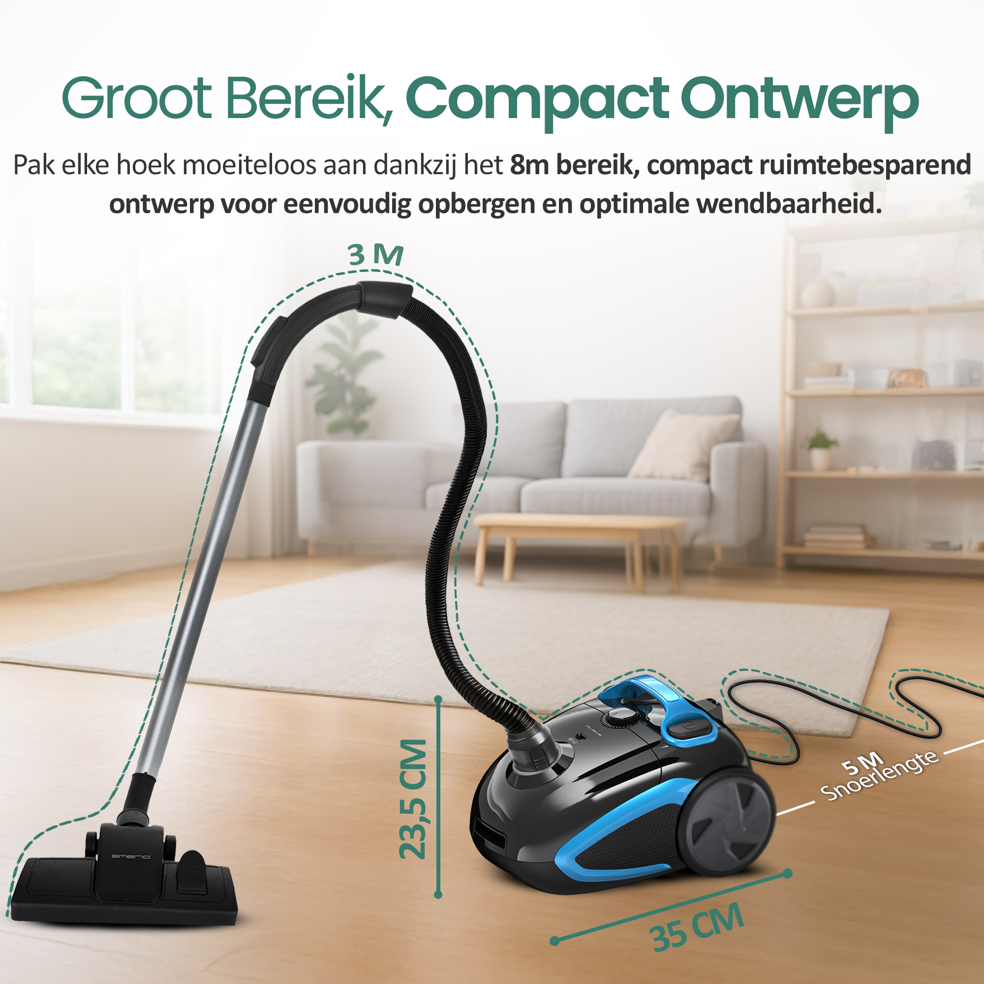 Czarno-niebieski odkurzacz stoi na drewnianej podłodze. Wyświetlane są wymiary. W tle znajduje się salon.