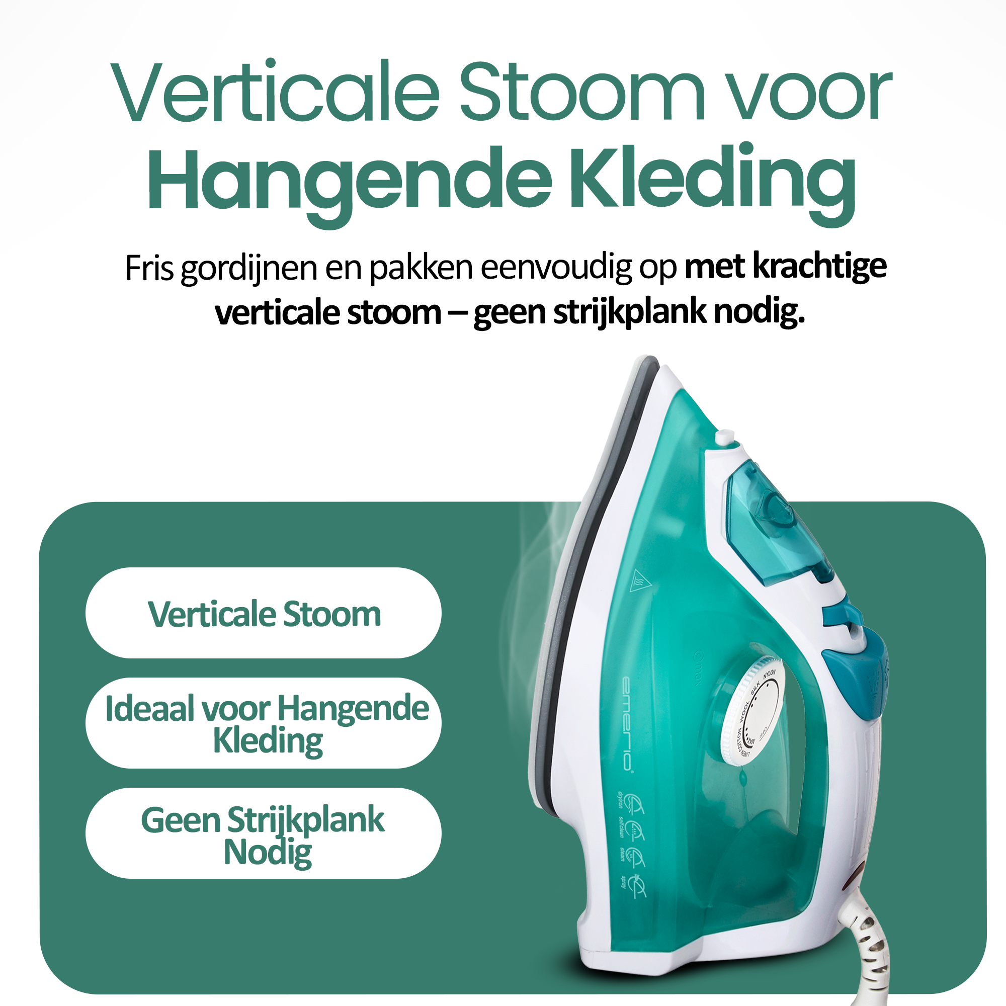 Żelazko z parą. Tekst mówi: Para pionowa do wieszania ubrań. Z parą, nie potrzeba deski do prasowania. Idealny do zasłon.