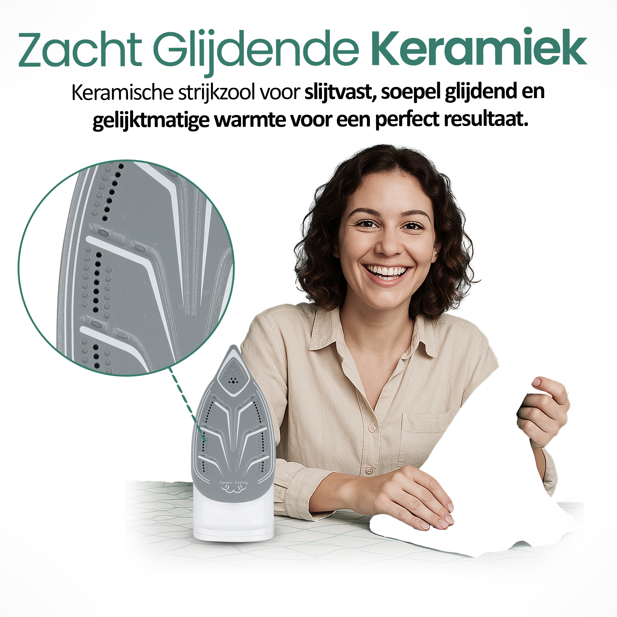 Kobieta uśmiecha się trzymając białą tkaninę. Pokazano żelazko. Tekst: Zacht Glijdende Keramiek.