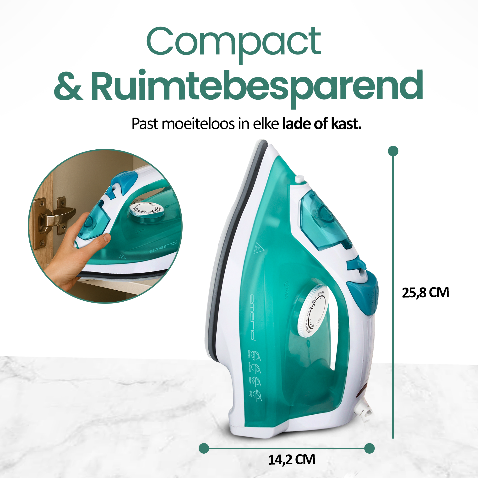 Białe i turkusowe żelazko. Wymiary 14,2 cm x 25,8 cm. Tekst: Kompaktowe i oszczędzające miejsce. Wstawka żelazka w szafce.