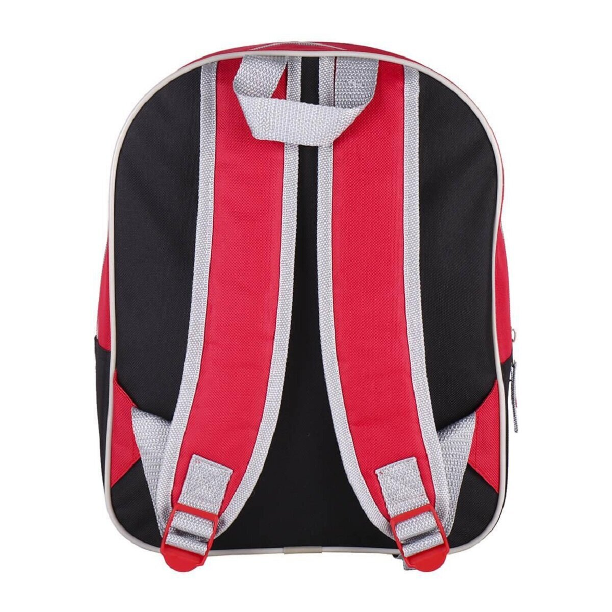 Mochila con colores rojo, negro y gris. El rojo es el color principal, con negro en los lados y correas y detalles grises.