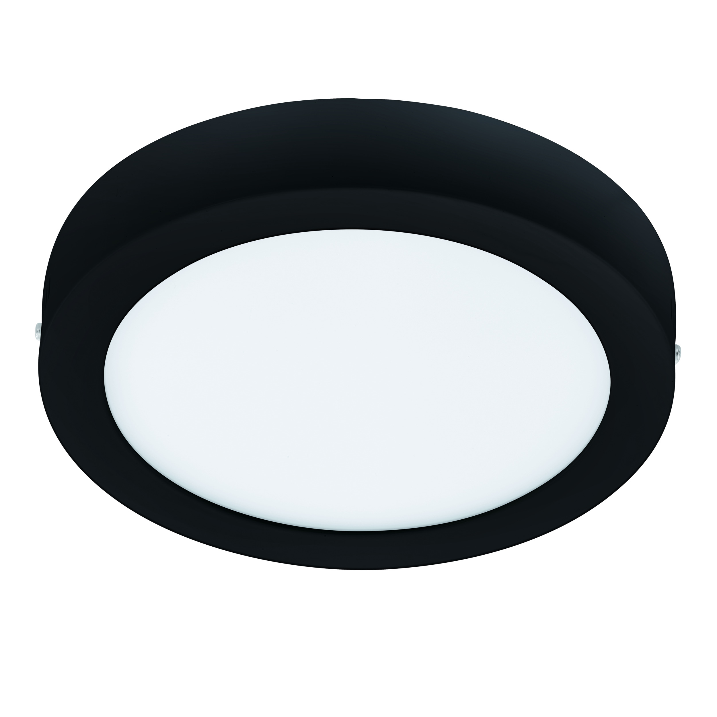 Eine runde, schwarze Deckenleuchte mit weißem Lichtdiffusor vor weißem Hintergrund.