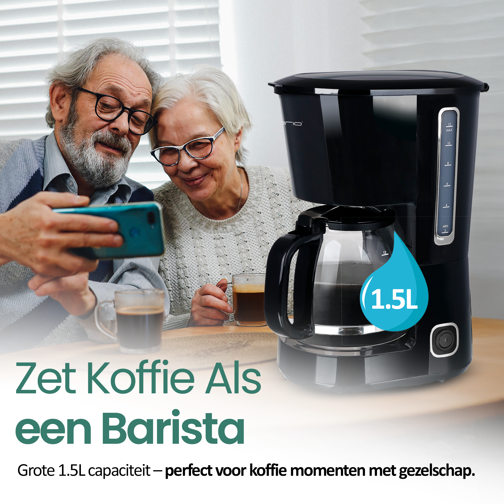 An elderly couple taking a selfie, with a coffee machine in the background. Text reads 'Brew Coffee Like a Barista.'