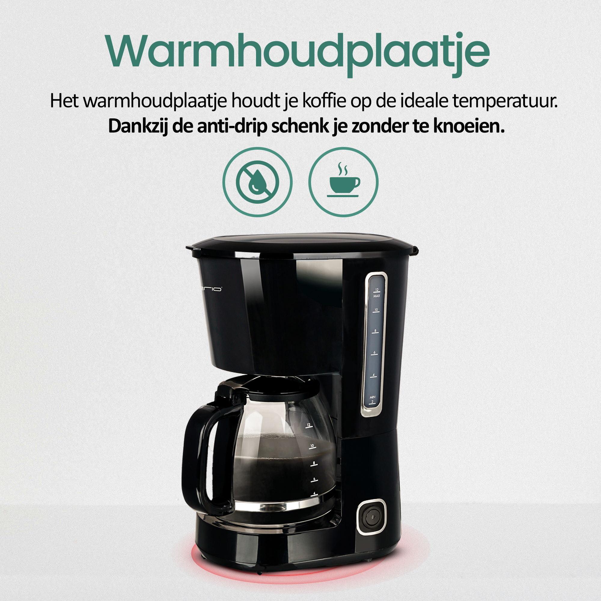 Black coffee maker with a glass carafe. It has a water level indicator and a warm-holding plate.