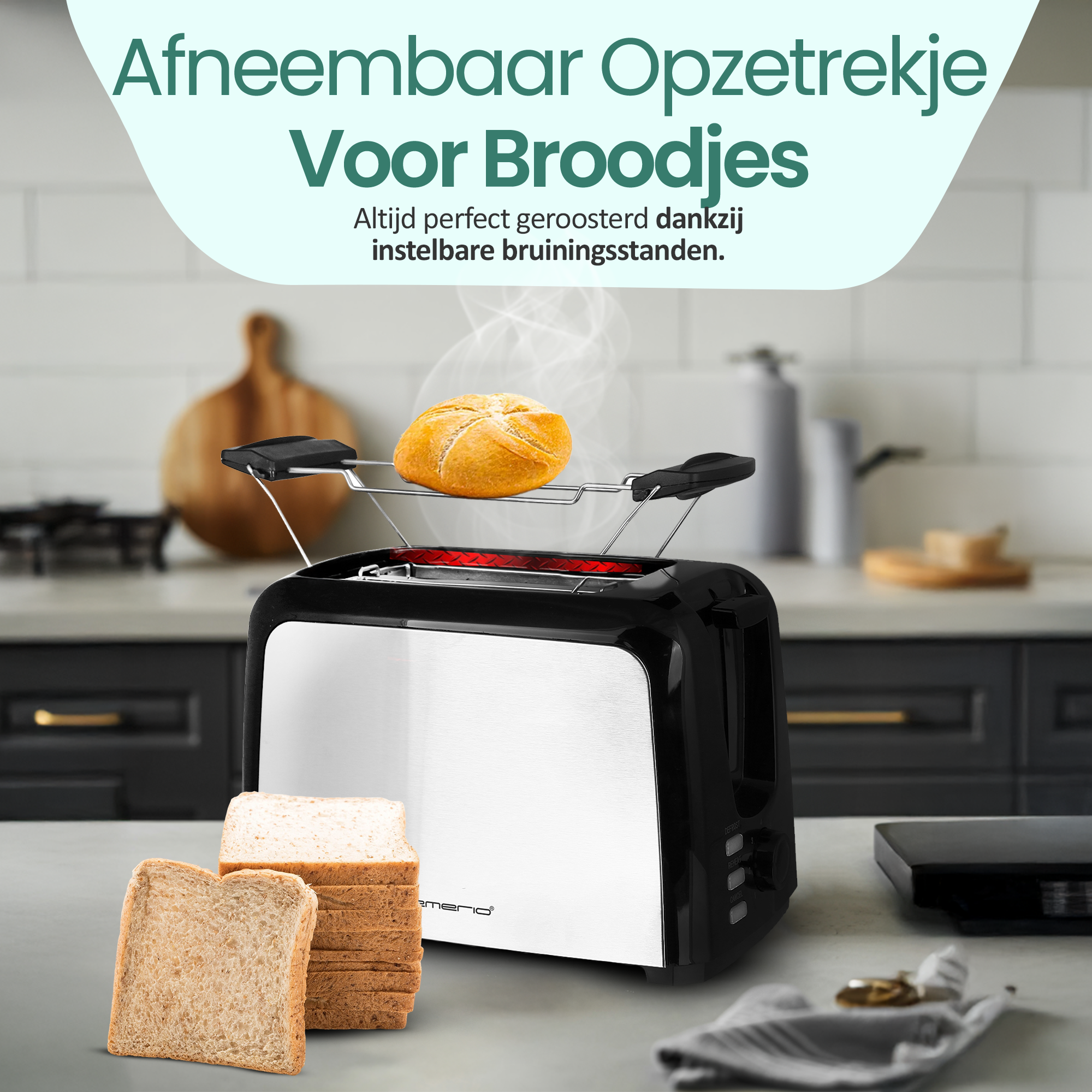 Ein Toaster mit Brot und einer Brötchen. Der Text oben lautet: 'Abnehmbarer Aufsatz für Brötchen.'