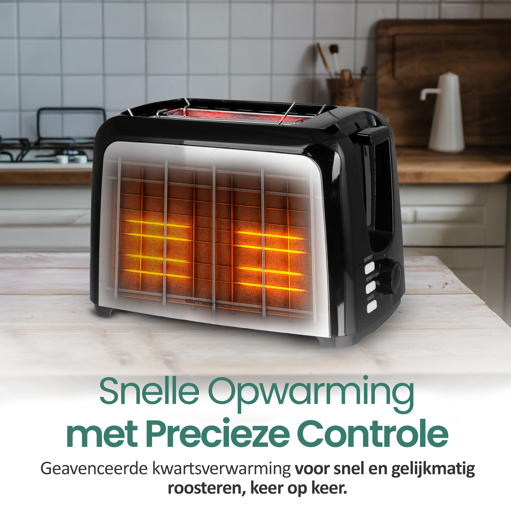 Schwarzer Toaster mit glühenden Heizelementen auf Holzoberfläche, Küchenhintergrund.