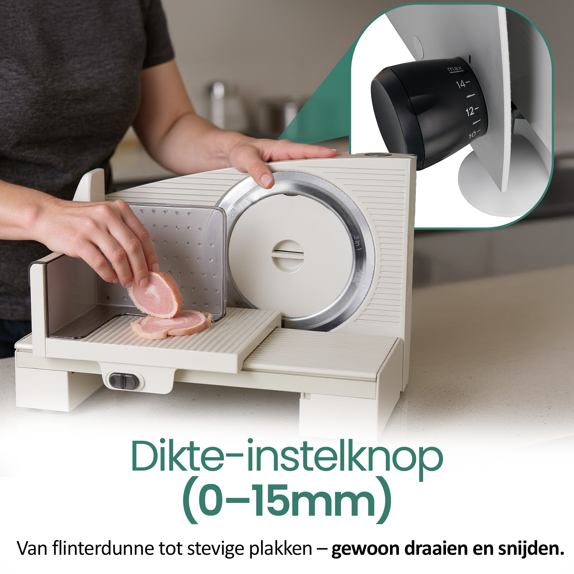 A person uses a white food slicer to cut ham. The slicer has a black thickness control knob.