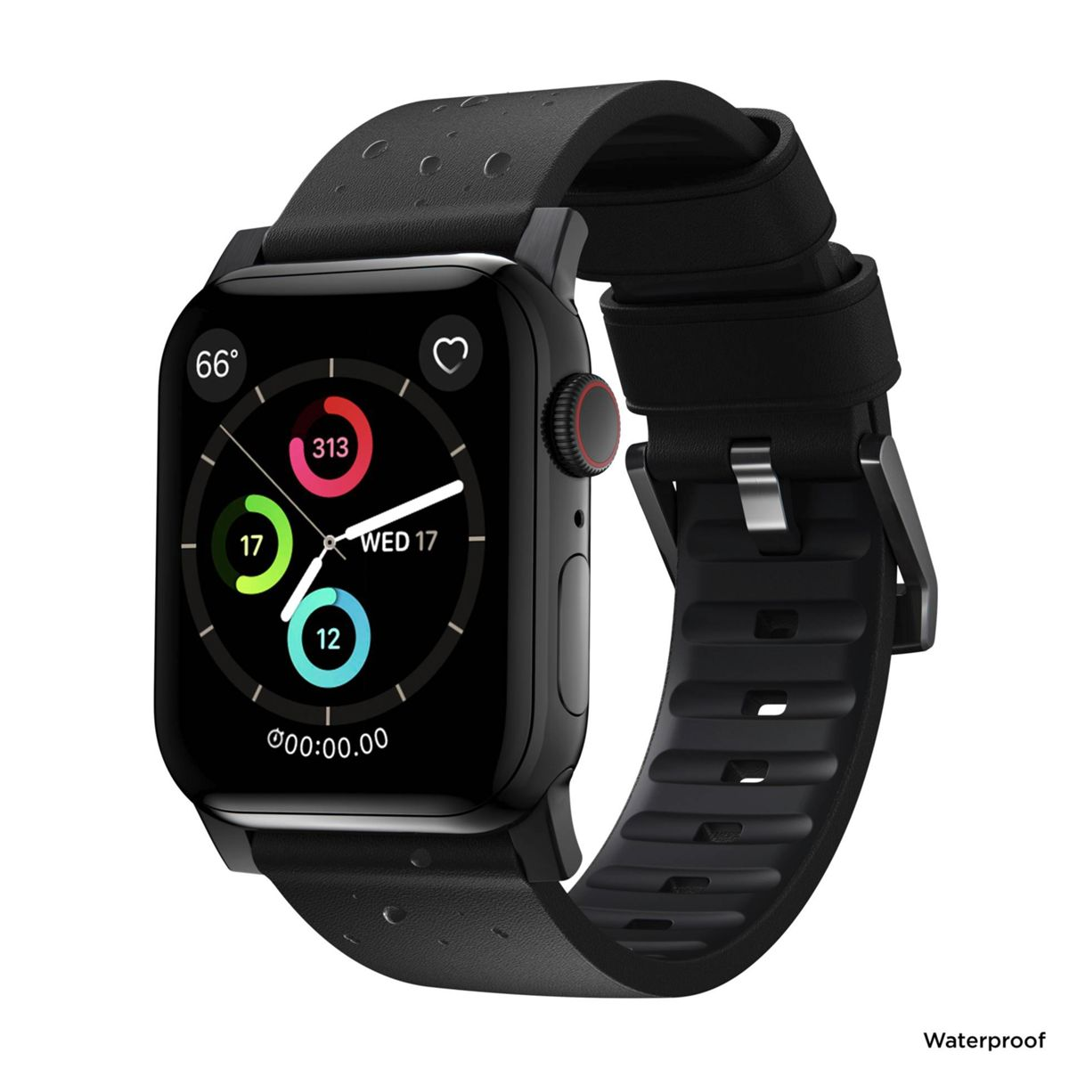 Schwarze Smartwatch zeigt Zeit, Datum und Gesundheitsmetriken an. Sie hat ein schwarzes Armband. Der Bildschirm zeigt Daten wie Herzfrequenz und Aktivität.
