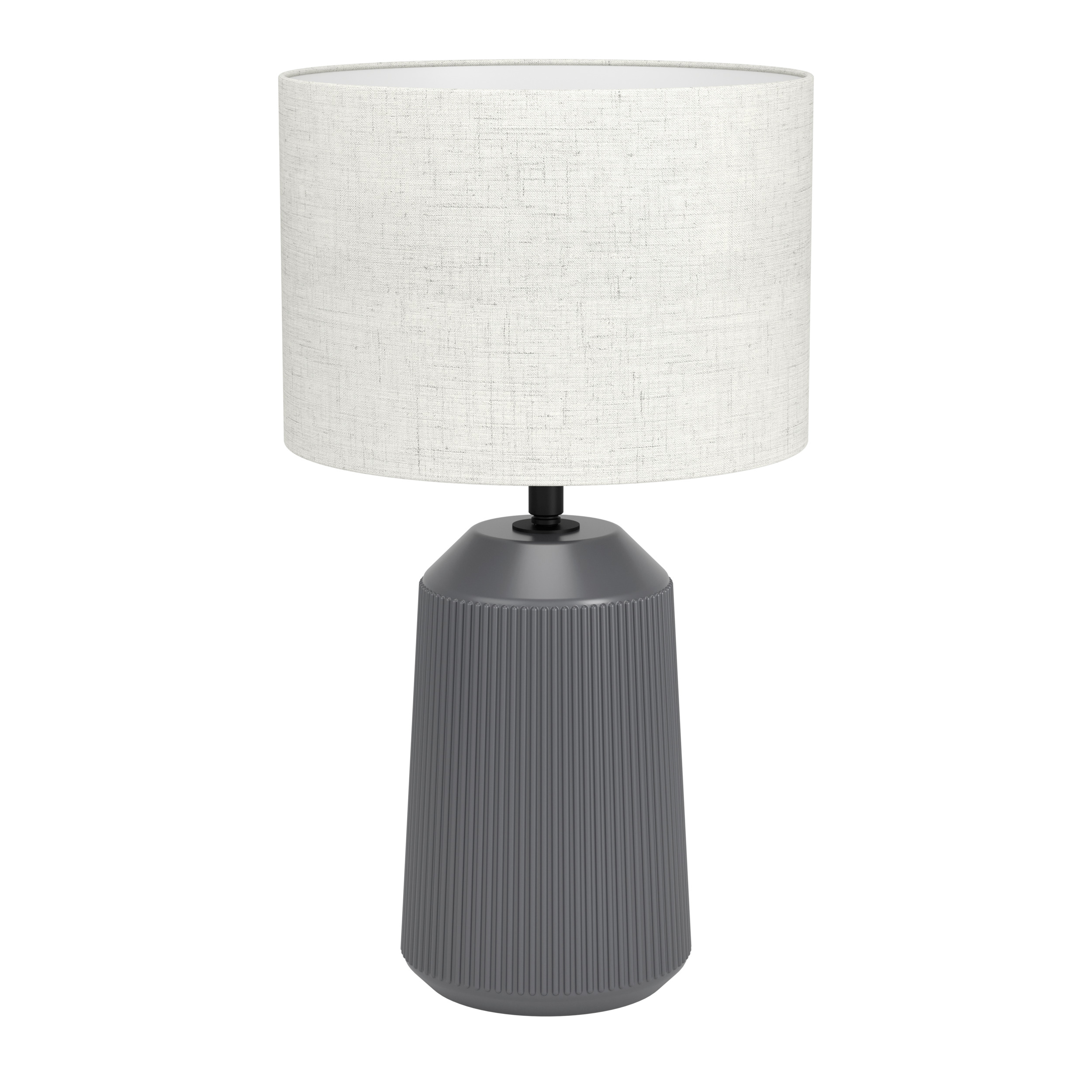 Eine graue Lampe mit weißem Schirm. Der Sockel ist gerippt. Der Schirm ist zylindrisch, aus hellem Stoff.