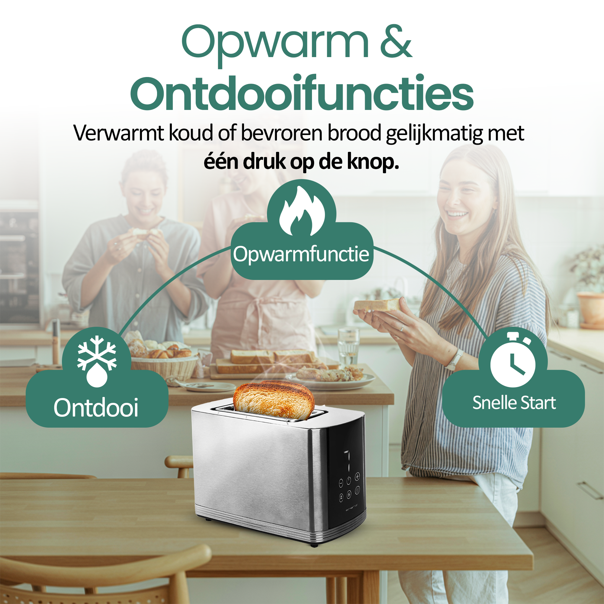 Toster z tostami. Dwie kobiety w tle. Tekst: Opwarm & Ontdooifuncties.