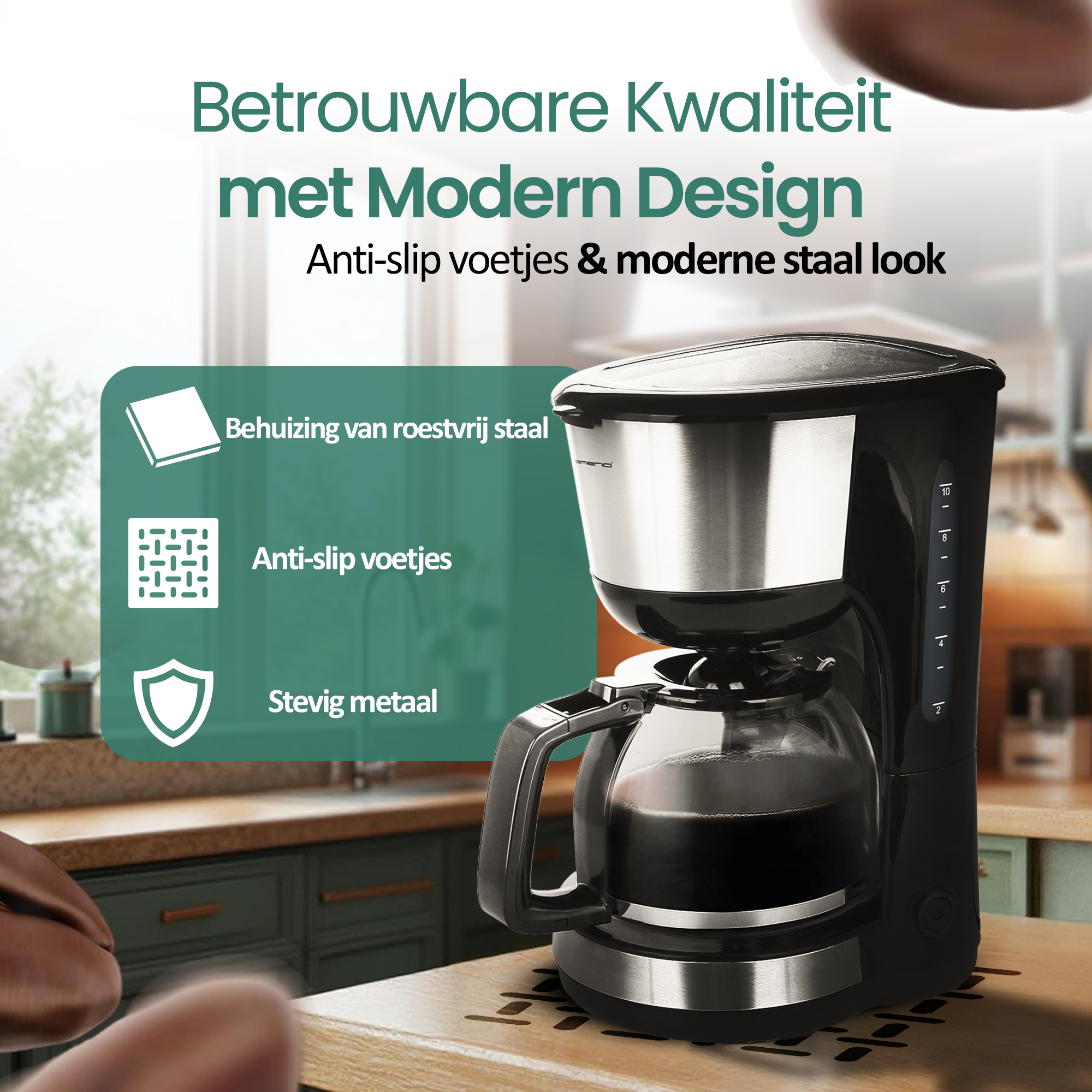 A black and silver coffee maker with a glass carafe. Text: Reliable Quality with Modern Design. Anti-slip feet and modern steel look.