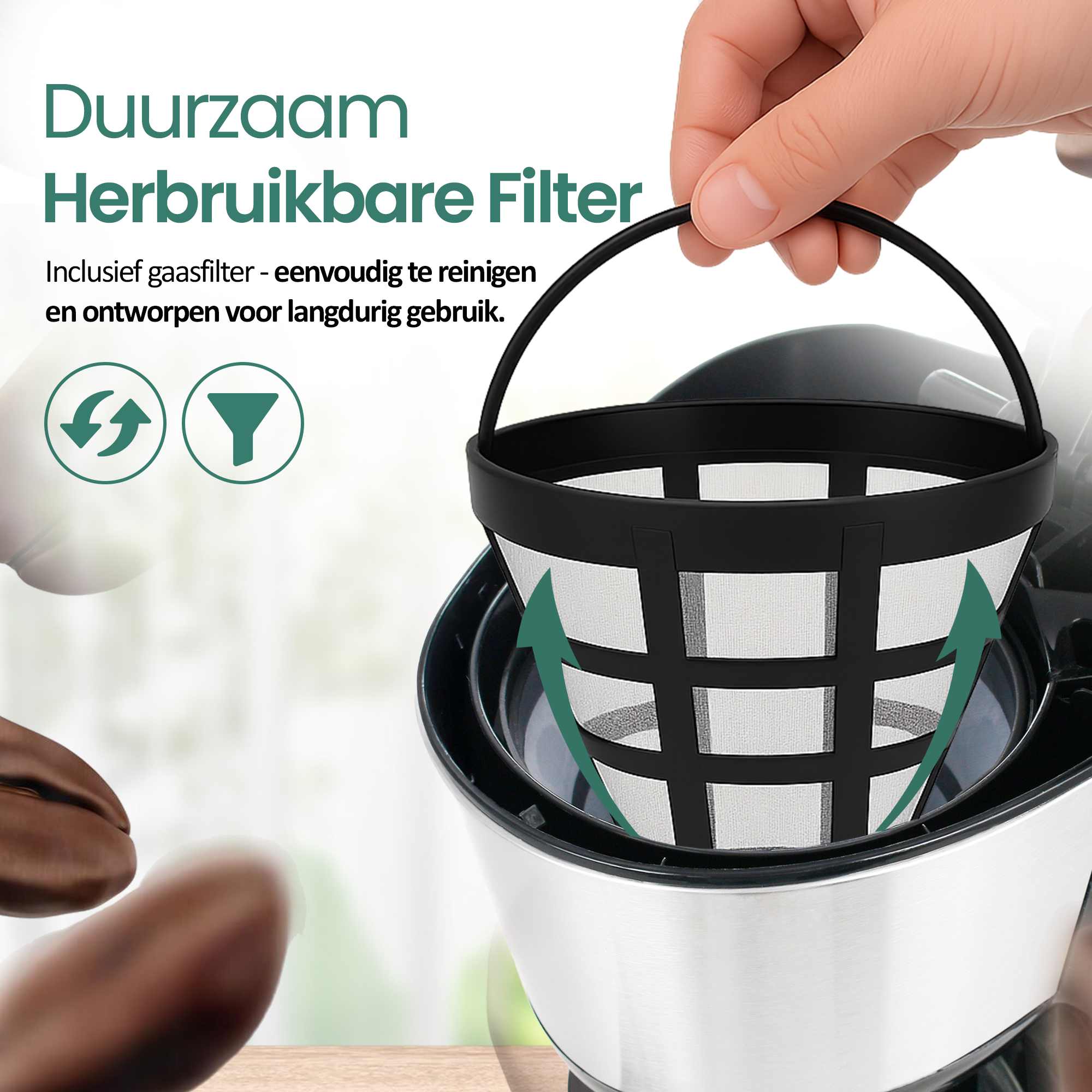 A hand holding a black coffee filter over a coffee maker. The filter is reusable and durable.