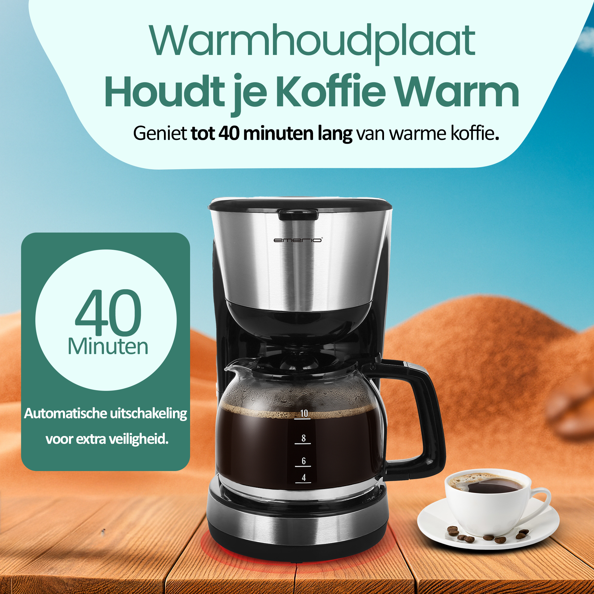 Coffee machine with full glass pot, a coffee cup, and text. Background has a desert landscape and a blue sky.