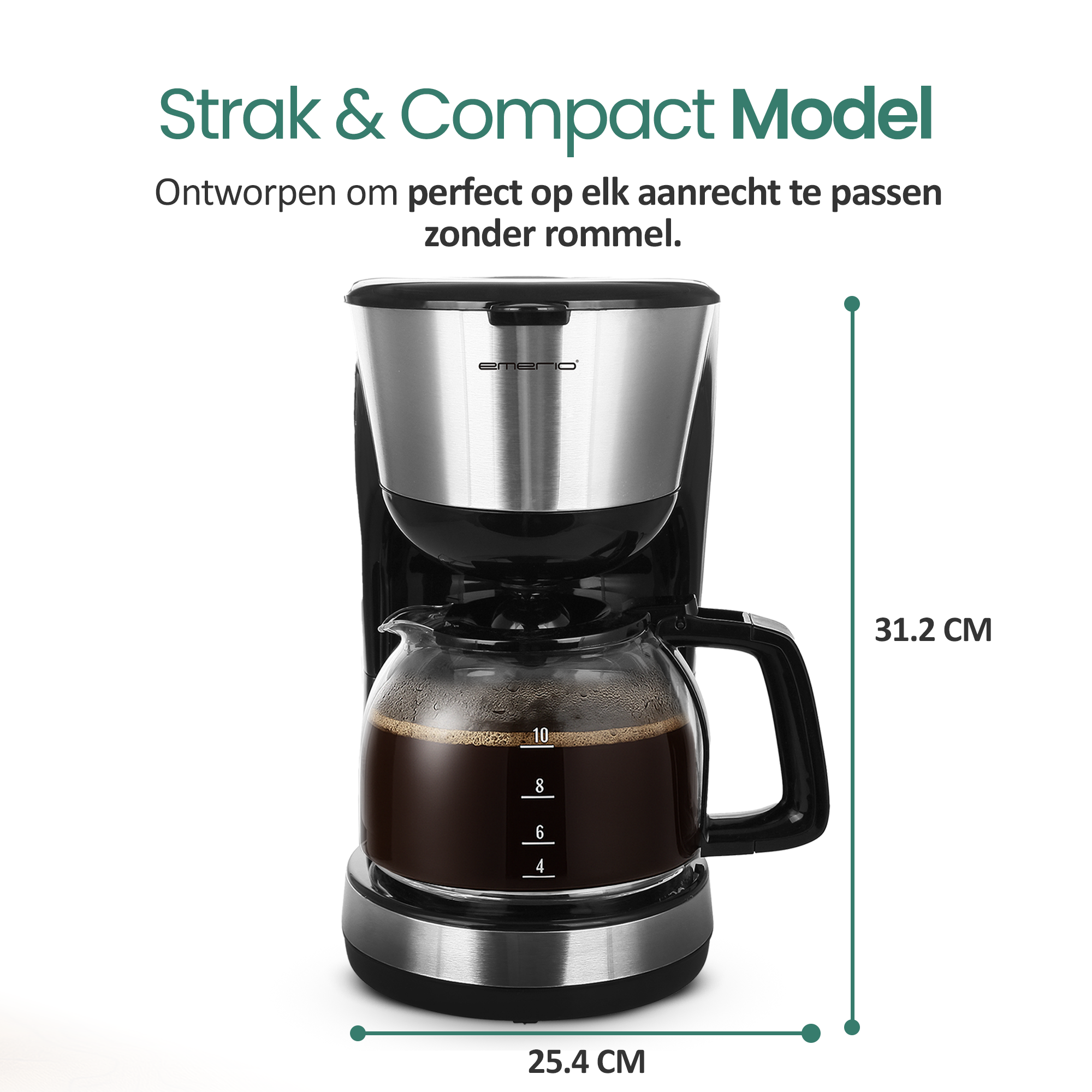 Coffee maker with glass carafe filled with coffee. Stainless steel and black design. Dimensions: 25.4cm x 31.2cm.