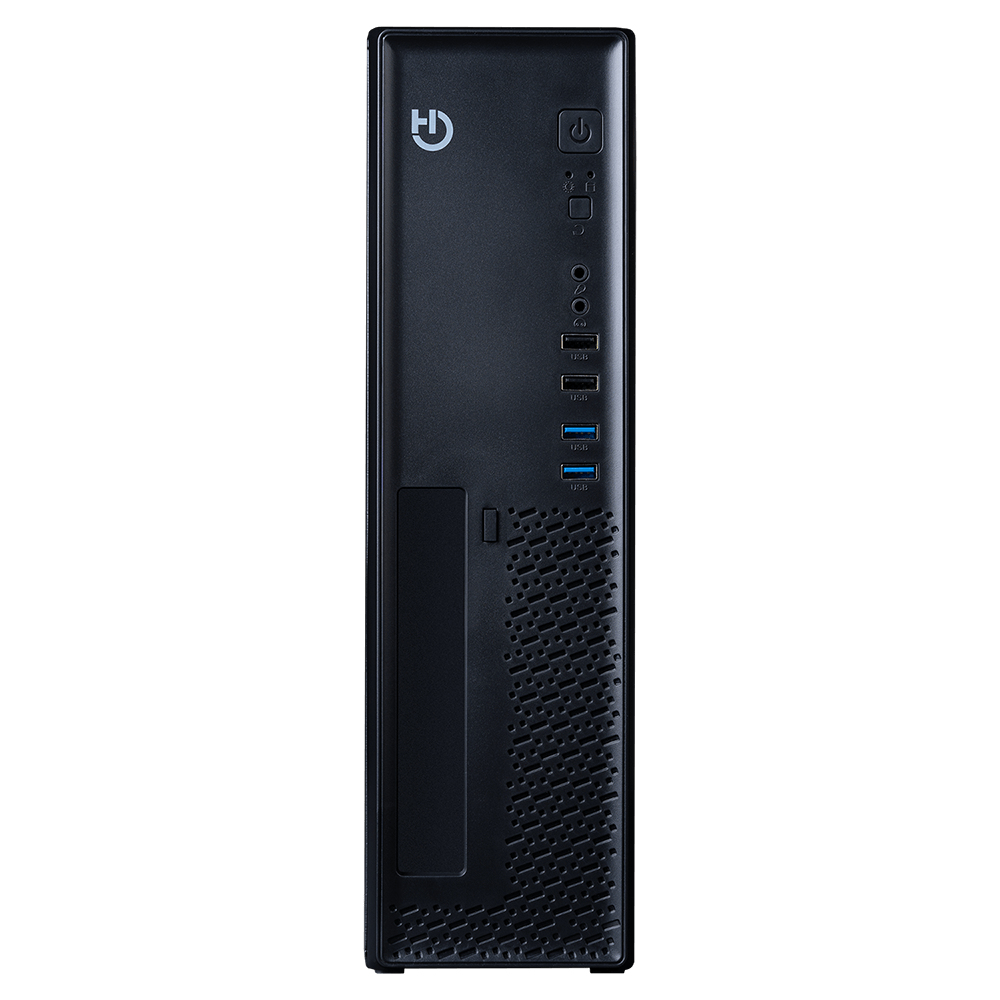 Zwarte computertoren. Hij heeft een aan/uit-knop, USB-poorten en een logo. De voorkant heeft een textuurontwerp aan de onderkant.