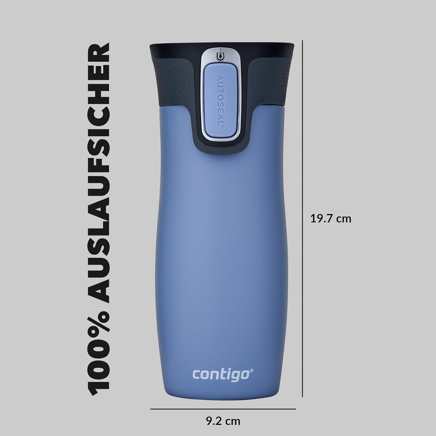 Un termo Contigo azul. Tiene una tapa negra con un botón 'AUTOSEAL'. Dimensiones: 19,7 cm de altura, 9,2 cm de ancho. Texto a la izquierda: '100% AUSLAUFSIHER'.