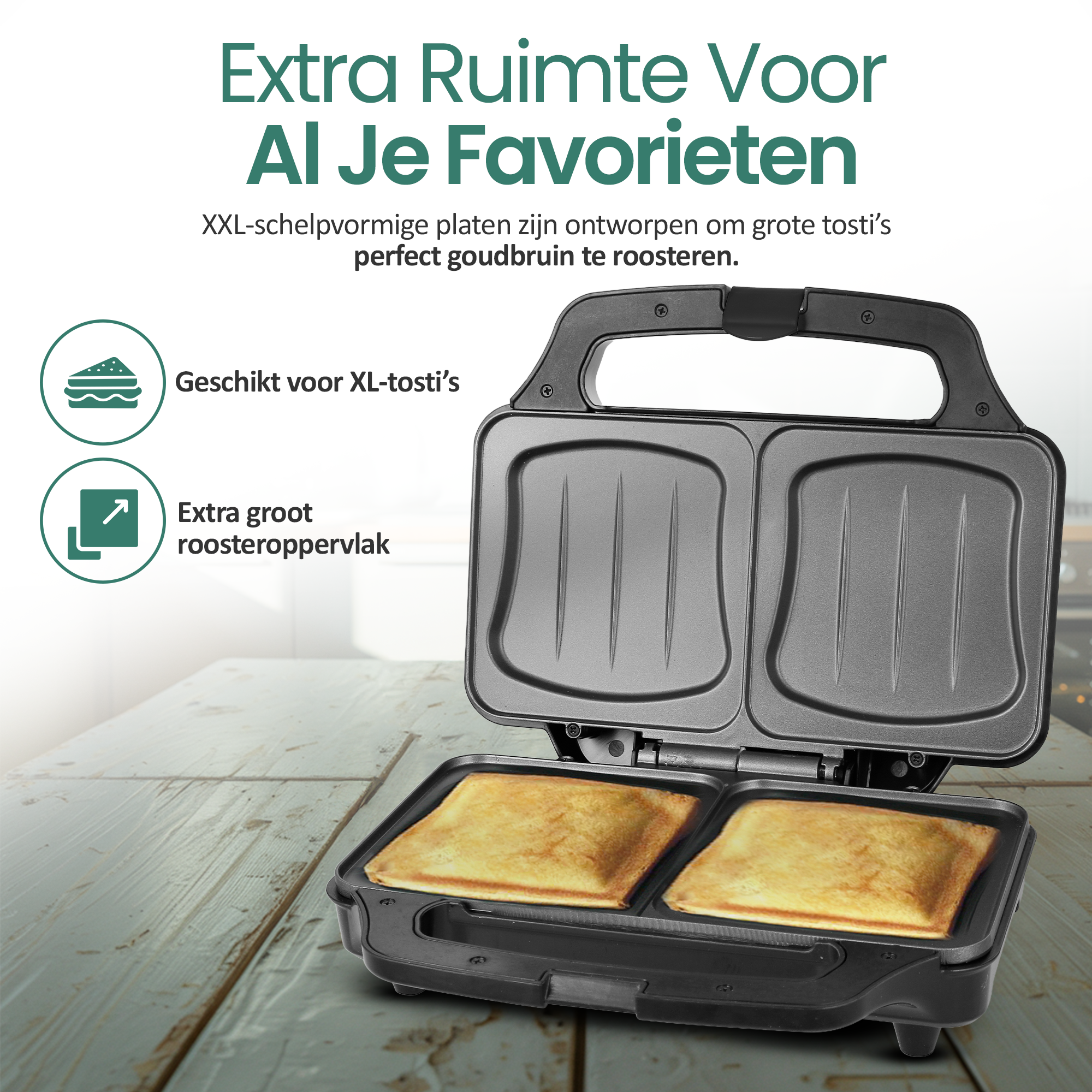 Czarna opiekacz do kanapek z dwoma tostowanymi kanapkami w środku. Tekst na górze mówi 'Dodatkowa przestrzeń dla wszystkich Twoich ulubionych'.