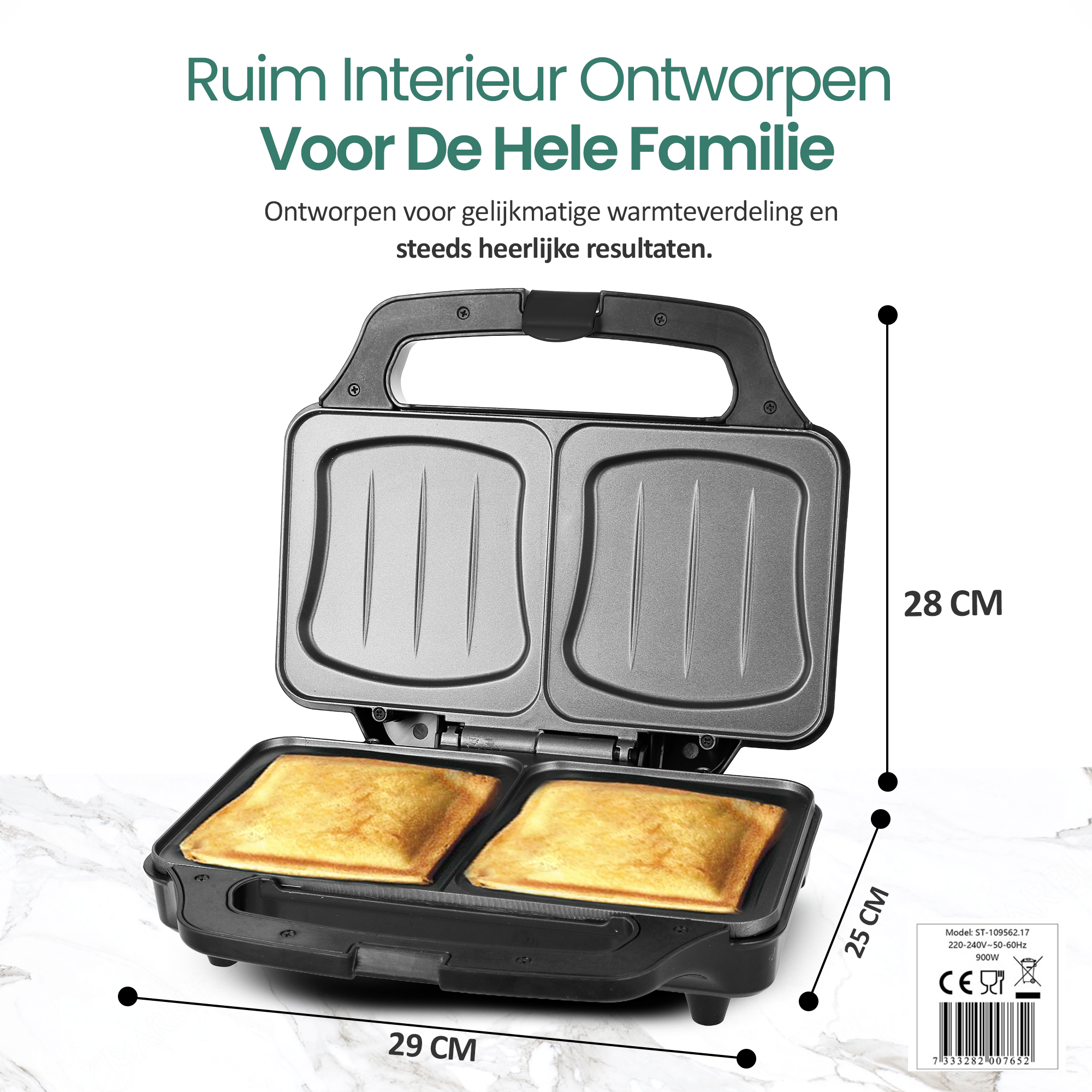 Otwarta opiekacz do kanapek z dwoma kanapkami w środku. Widoczne wymiary i informacje o produkcie.