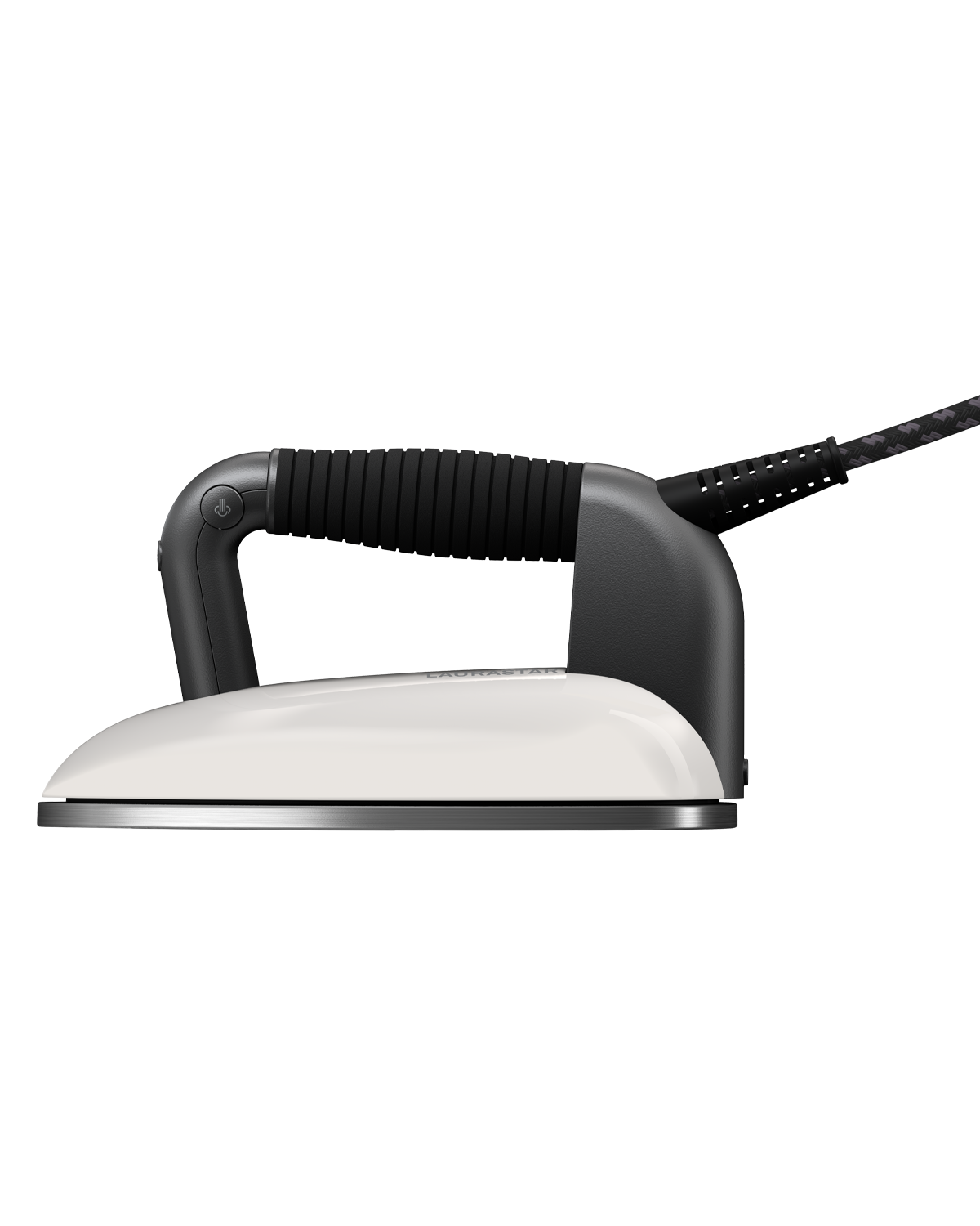 Ein weißes und schwarzes Bügeleisen mit schwarzem Griff und einem schwarz-grauen Kabel. Das Bügeleisen steht auf weißem Hintergrund.