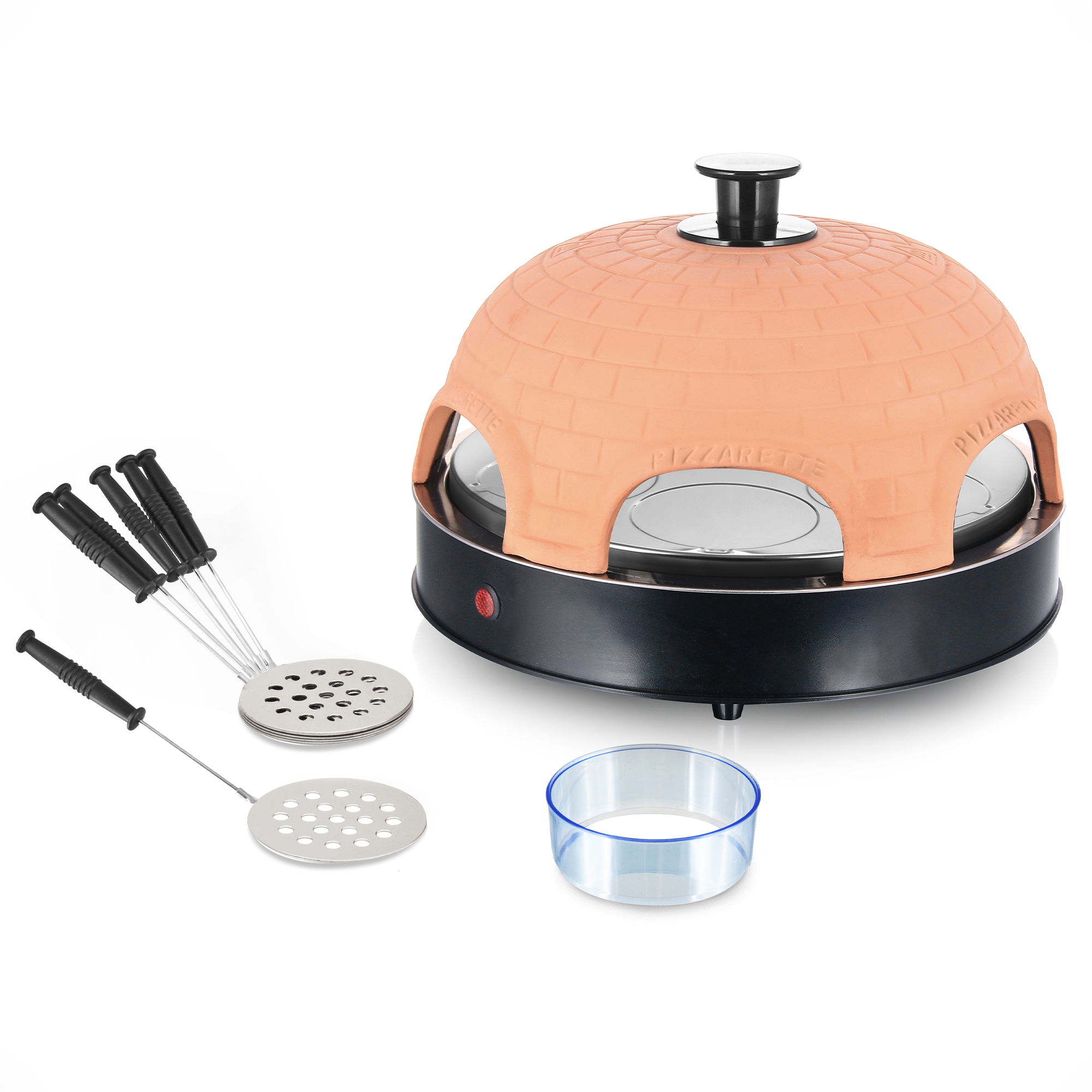 Pizza oven with terra cotta dome, metal griddles, and serving tools on white background.