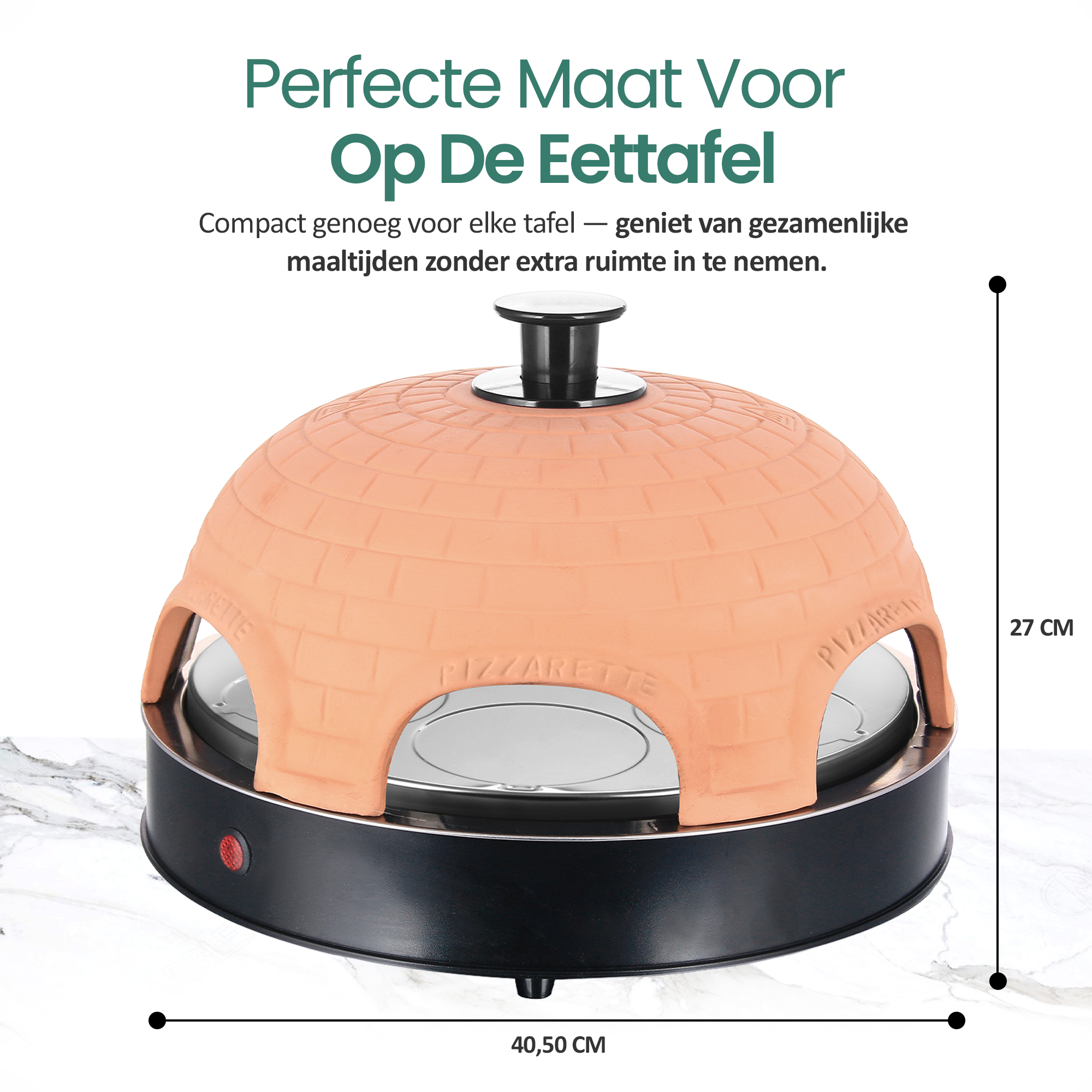 A pizza oven with a terracotta dome, black base, and a red power button. It's labeled 'PIZZARETTE'.