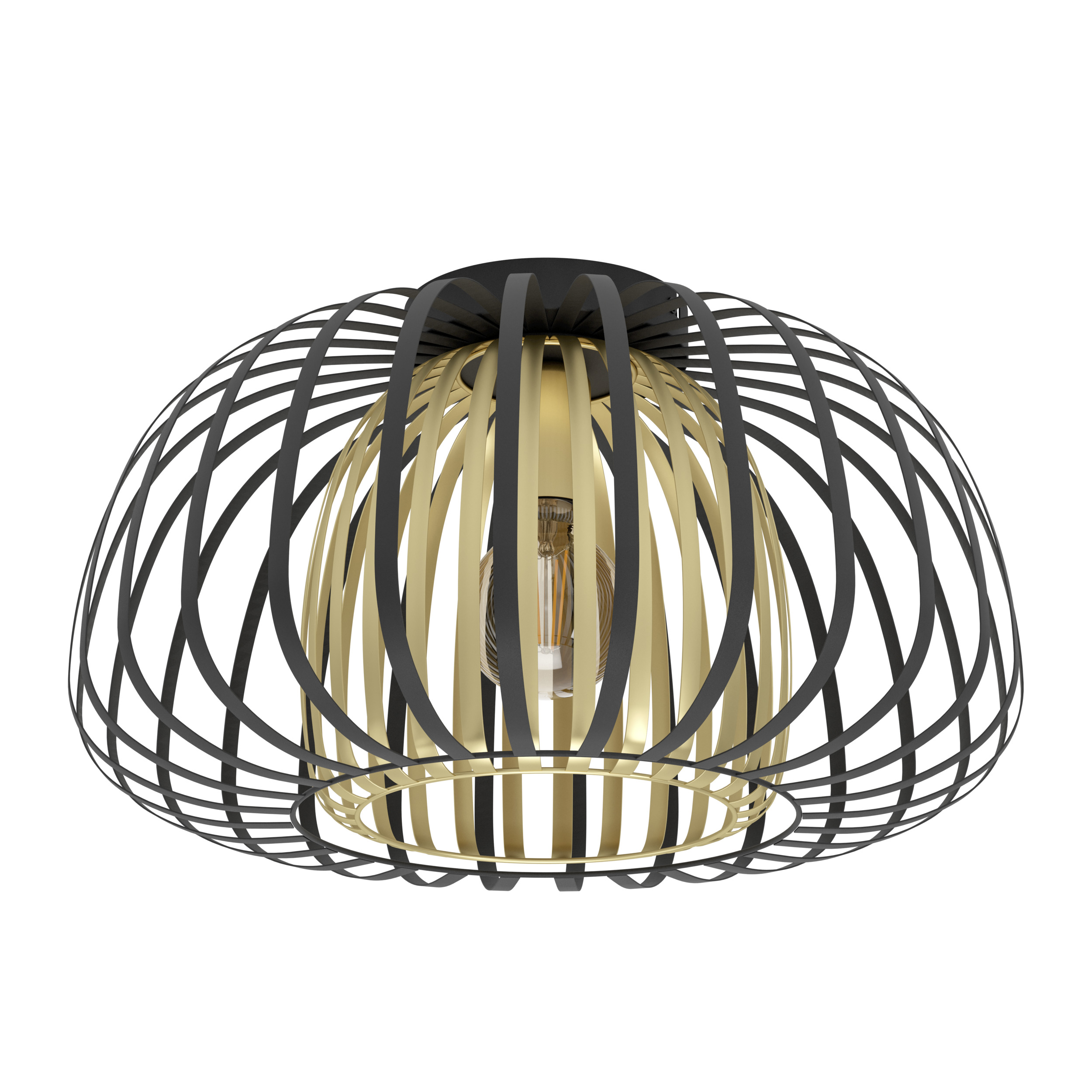 Eine moderne Deckenlampe mit schwarzen und goldenen Metallstreifen, die eine Glühbirne umschließen, auf weißem Grund.